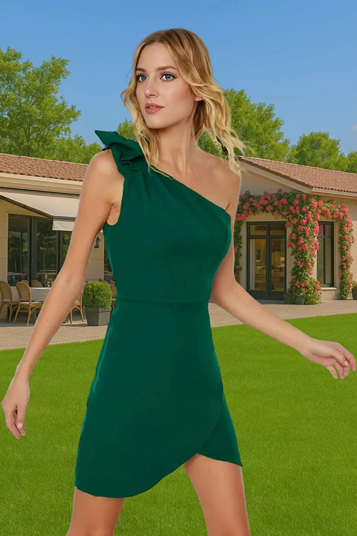 Tek Omuzlu Finike Dokuma Bodycon Mini Elbise Asimetrik Yaka Zarifane Tasarım Profesyonel Görünüm