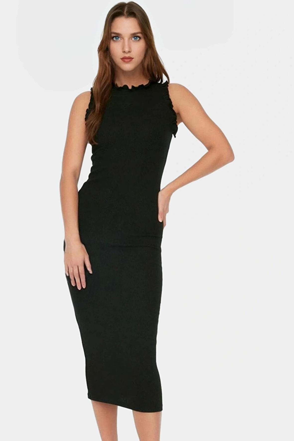 Pamuklu Elastan Bodycon Midi Elbise Büzgülü Kollu Rahat Günlük Kombin Zarifane Tasarım