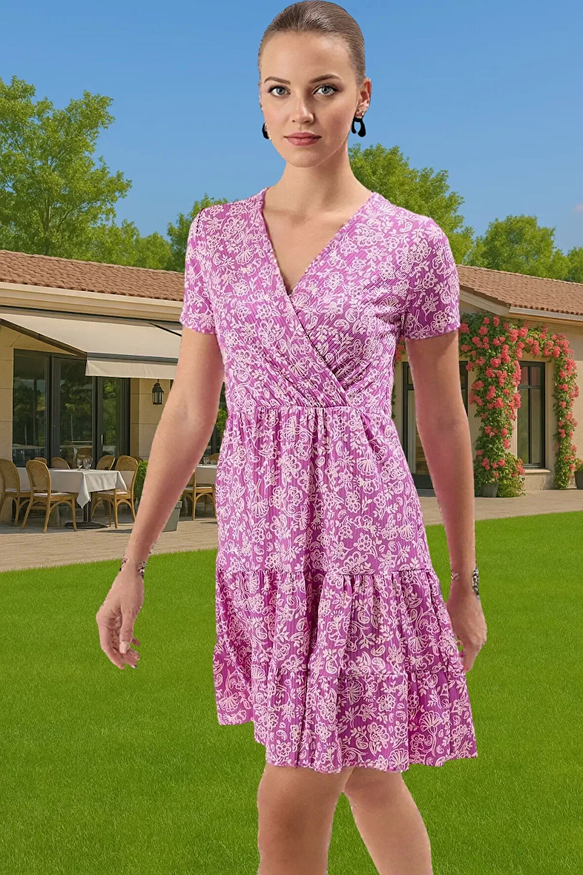 Kadın Yazlık Mini Elbise Polyester Elastan Kumaşlı Kisa Kol Konforlu Kesim Özenle Seçilmiş