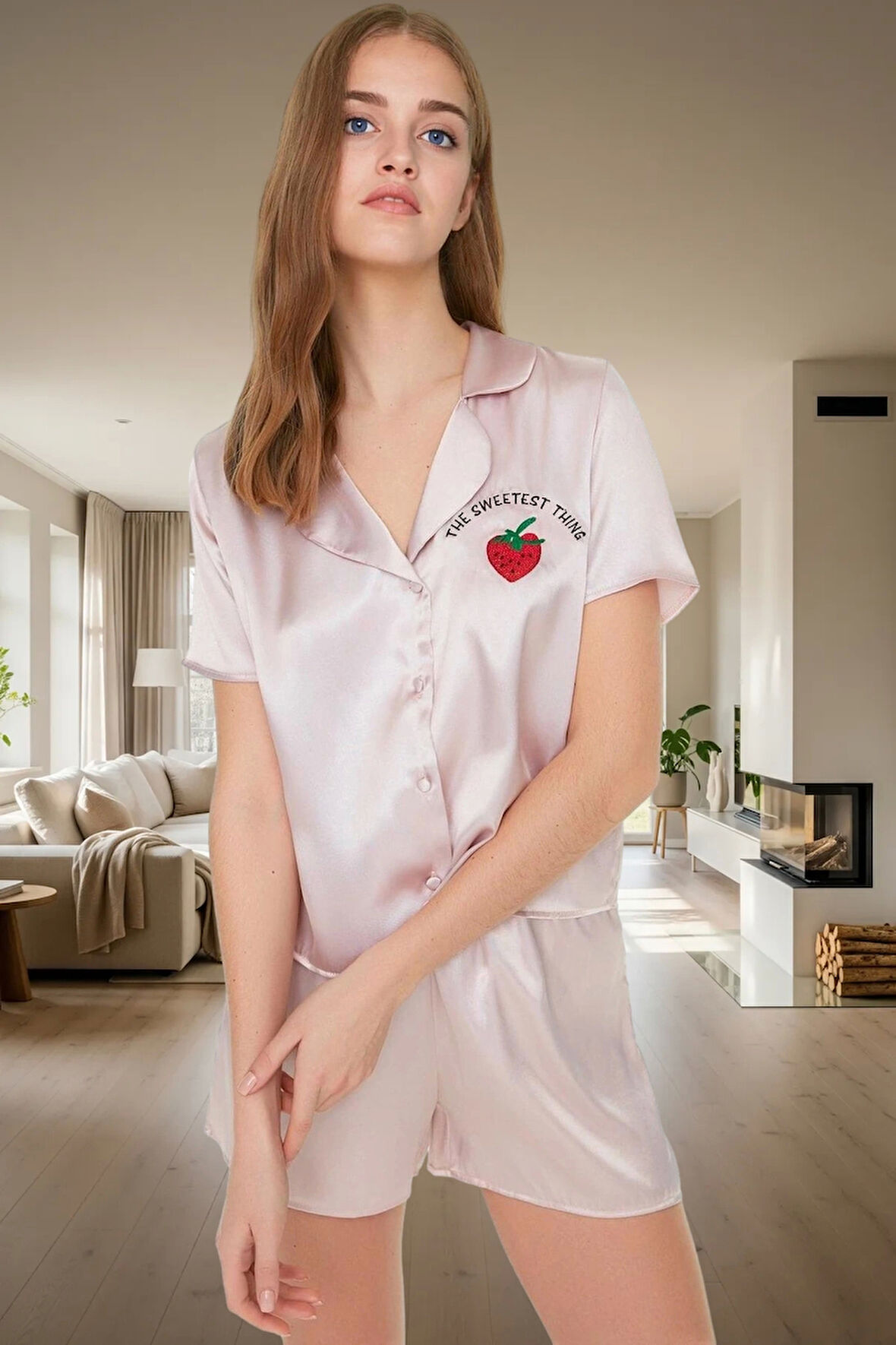 Yazlık Saten Pijama Takımı Kısa Kol Çilek Desenli Rahat Kalıp Uzun Ömürlü Yüksek Kalite