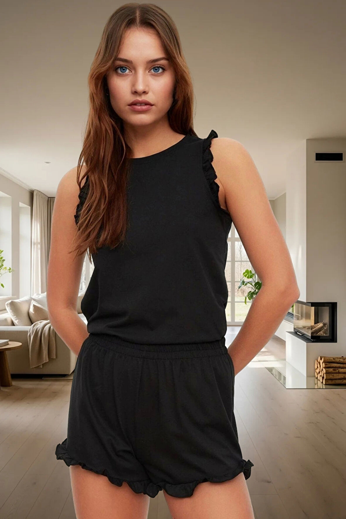 Pamuklu Örme Pijama Takımı Kalpli Desenli Büzgülü Kol Kısa Paça Regular Kalıp Konforlu Kesim