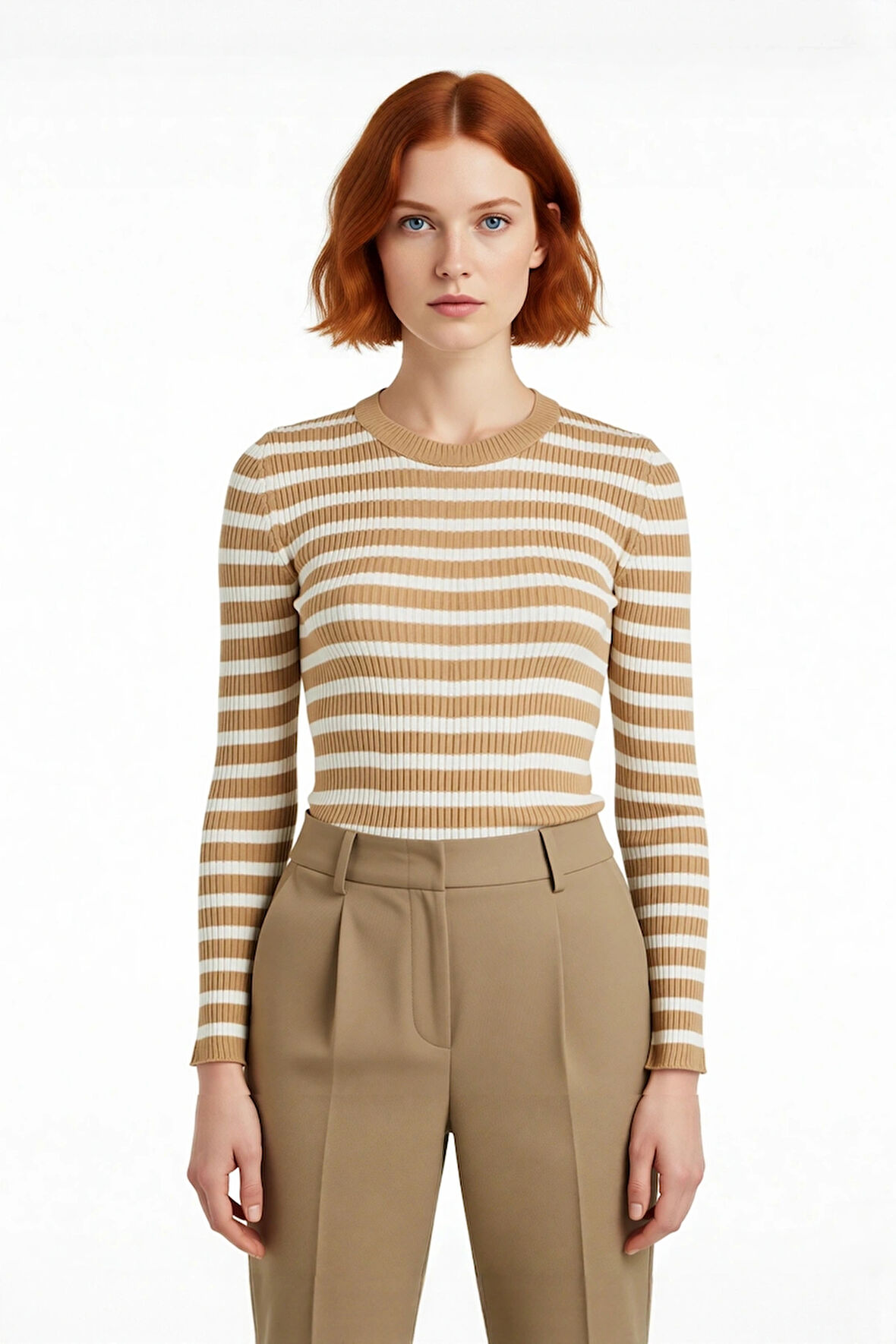 Kadın Çizgili Triko Fitted Uzun Kol Bisiklet Yaka Akrilik Basic Casual Günlük Kazak Kaliteli