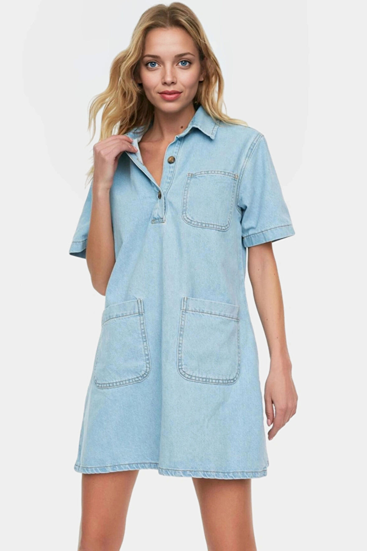 Kısa Kollu Denim Gömlek Elbise Mini Boy Casual Günlük Pamuk Yüksek Kalite Profesyonel Görünüm