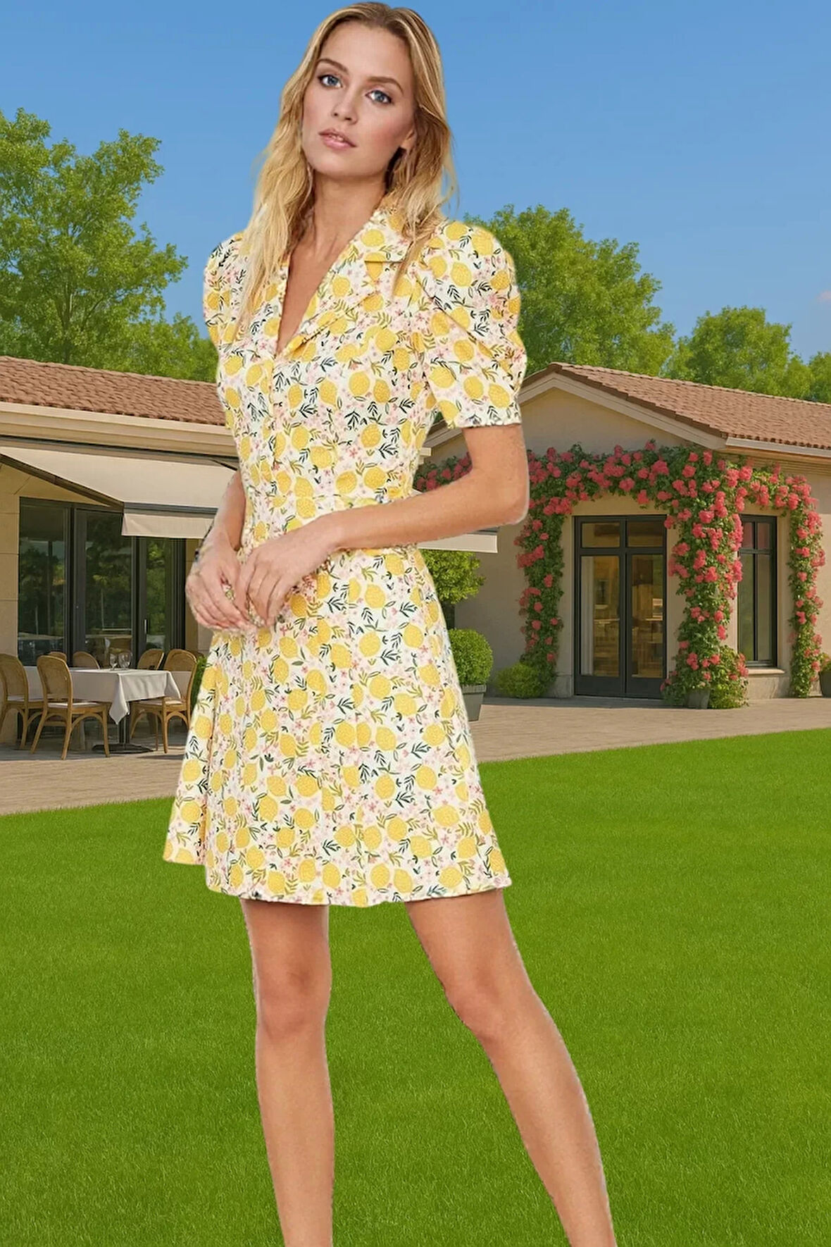 A Kesim Mini Elbise Balon Kol Çiçekli Yazlık Dokuma Seçkin Malzeme Kaliteli İşçilik Zarifane Tasarım