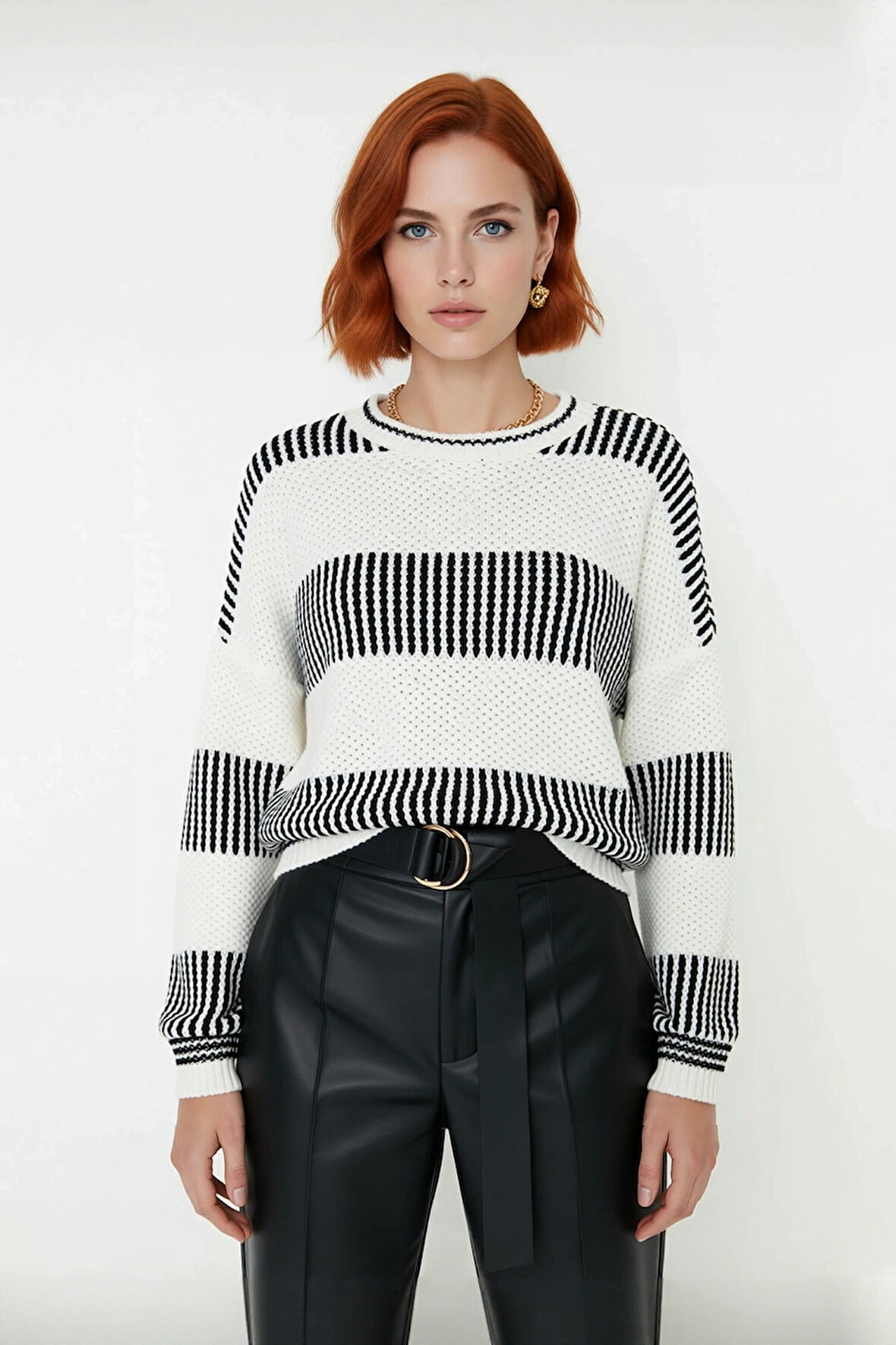 Kadın Rahat Kalıp Düşük Kol Bisiklet Yaka Renk Bloklu Akrilik Triko Kazak Günlük Kullanım Şıklığı.