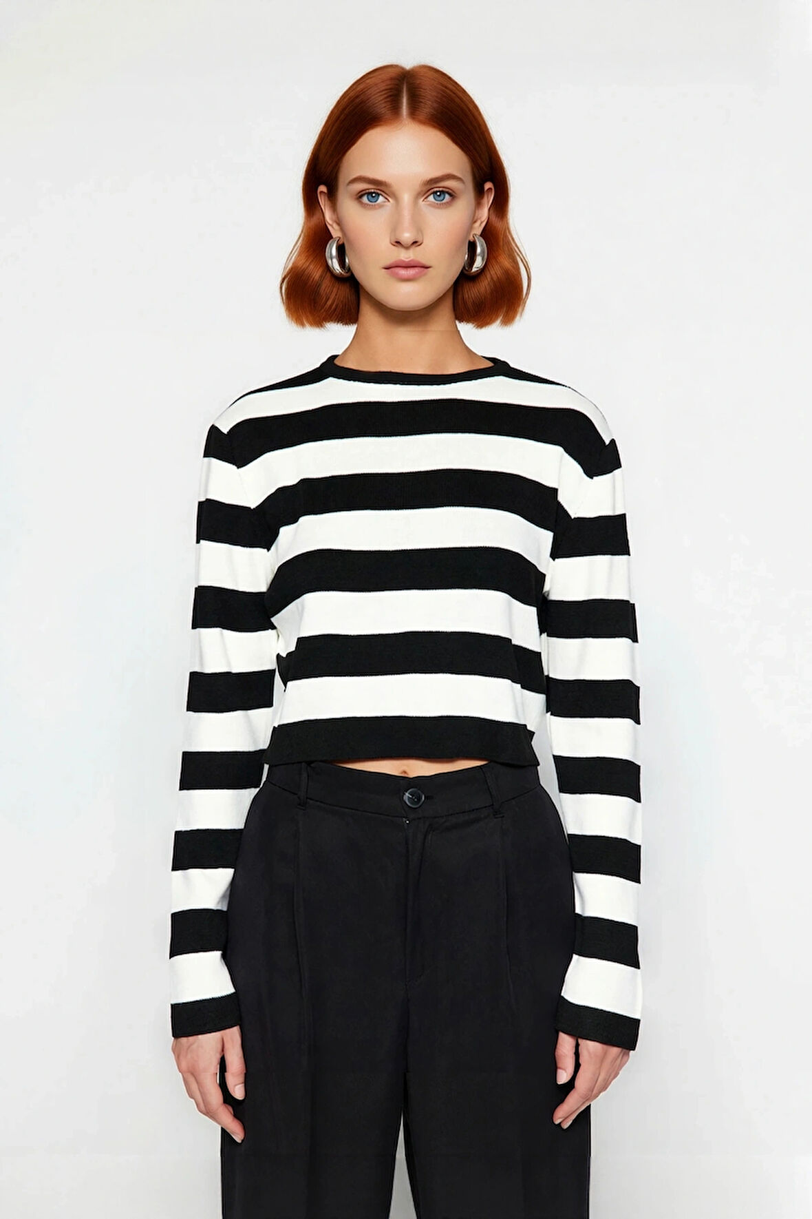 Kadın Fitted Bisiklet Yaka Super Crop Çizgili Triko Kazak İlkbahar Sonbahar Casual Tarz İçin Ideal