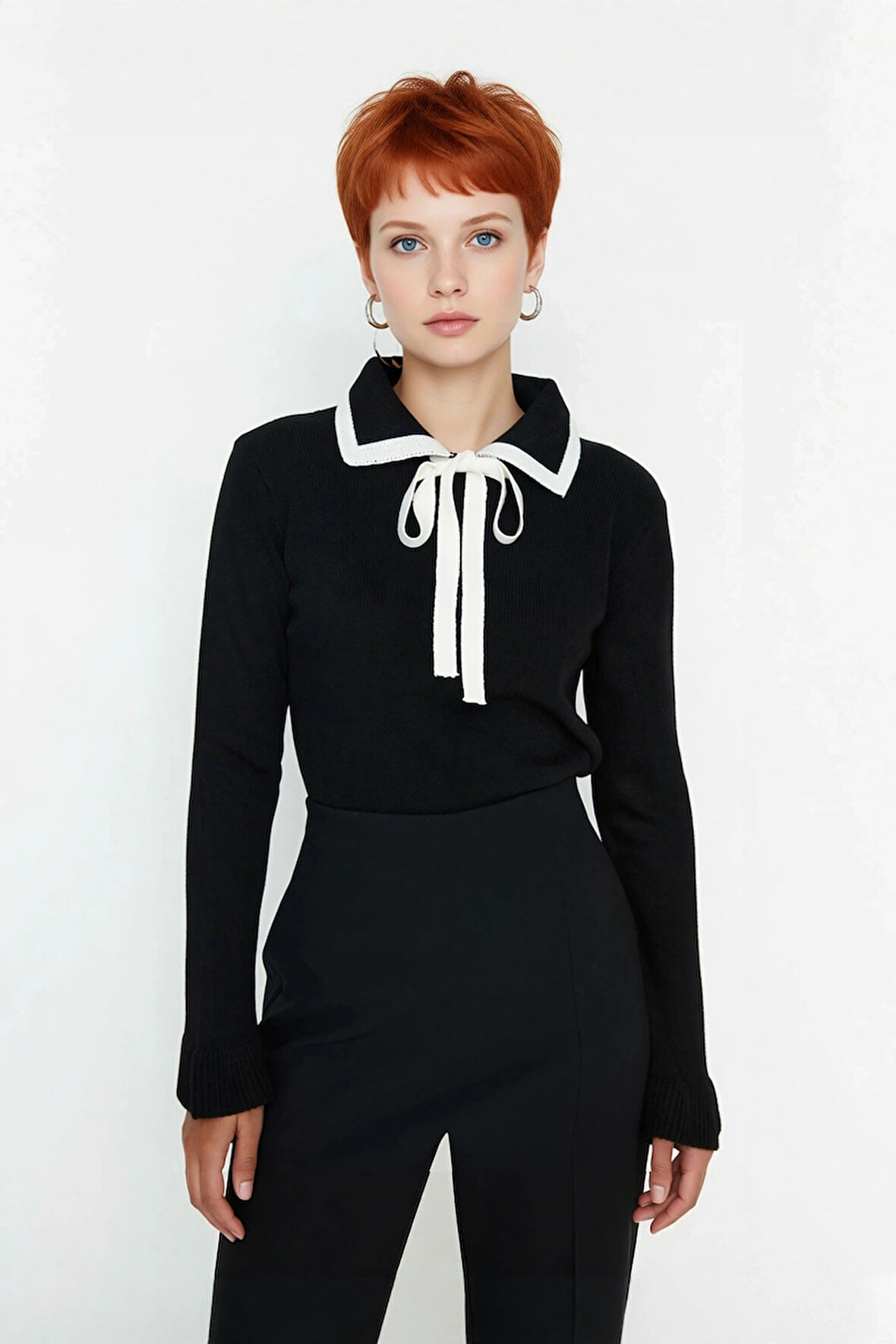 Kadın Polo Yaka Bağcıklı Triko Kazak Renk Bloklu Uzun Kollu Kışlık Ofis Şıklığı İçin Rahat Seçim