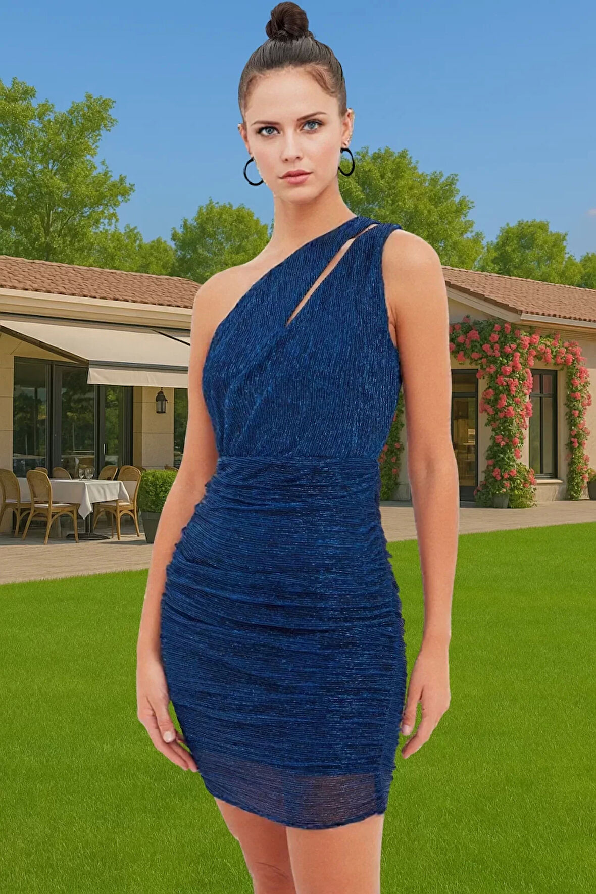 Asimetrik Yaka Tek Omuz Bodycon Mini Örme Elbise Polyester Metalik Mezuniyet Dayanıklı Malzeme