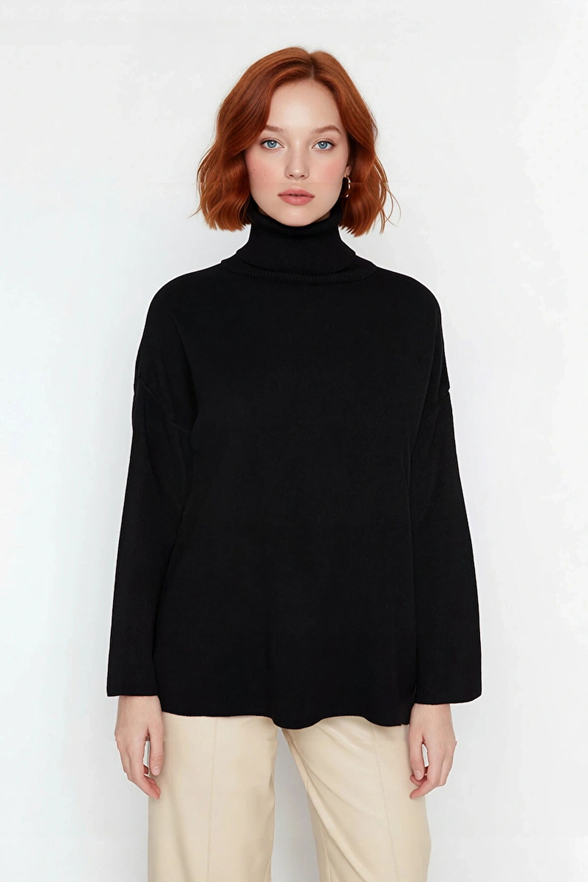 Kadınlara Özel Oversize Kesim Düz Desen Balıkçı Yaka Uzun Kollu Triko Kazak Kış Modası Kaliteli