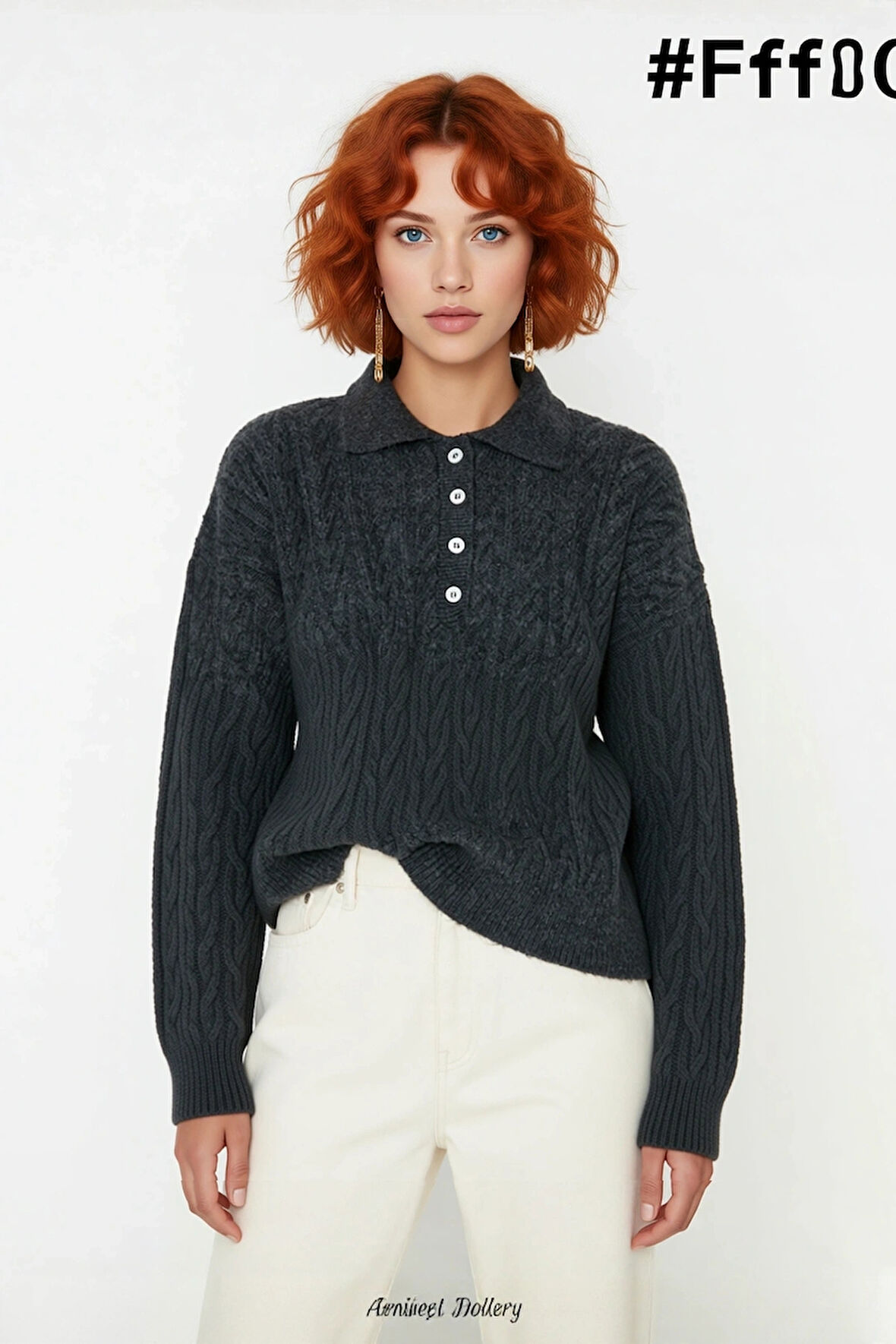 Kadın Oversize Triko Polo Yaka Saç Örgü Düşük Kollu Rahat Kışlık Basic Stil Kazak Kaliteli