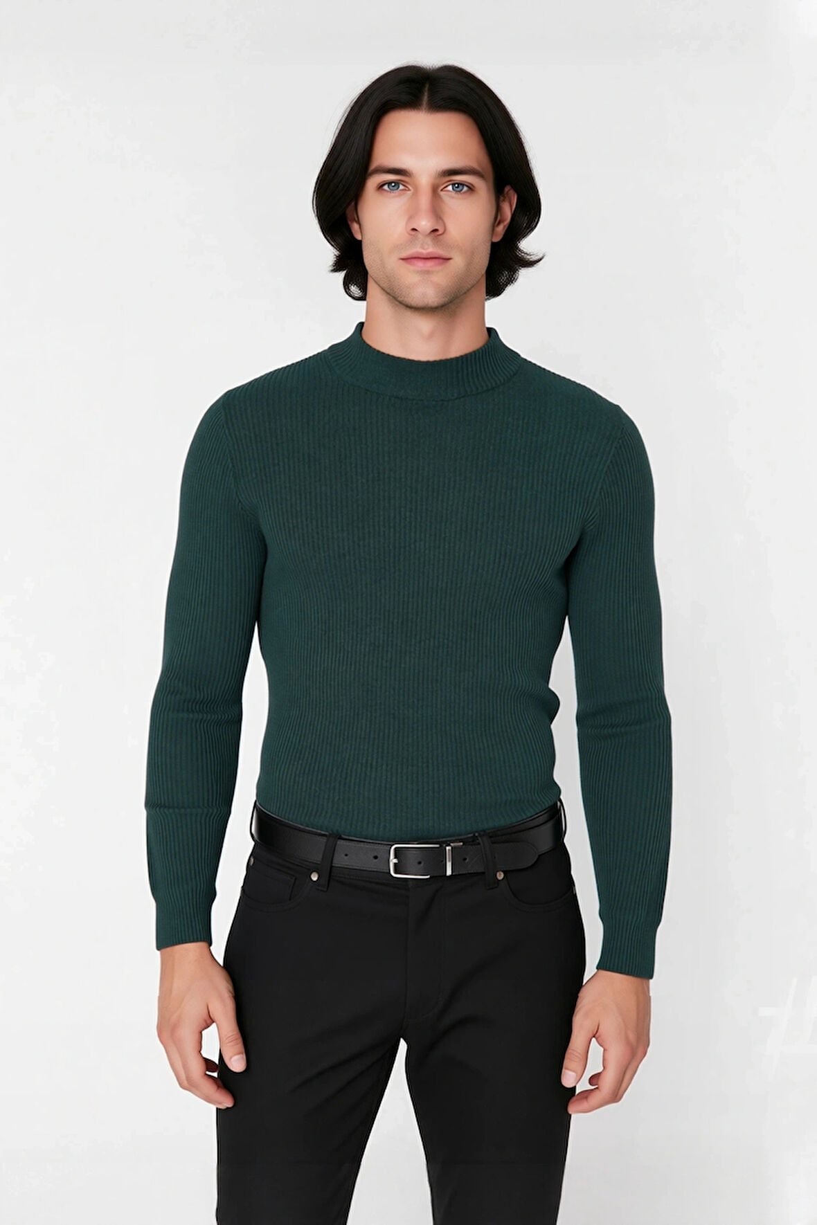 Erkek Dik Yaka Uzun Kol Fitilli Dar Kalıp Triko Kazak Kış Sezonu İçin Modern ve Konforlu Stil