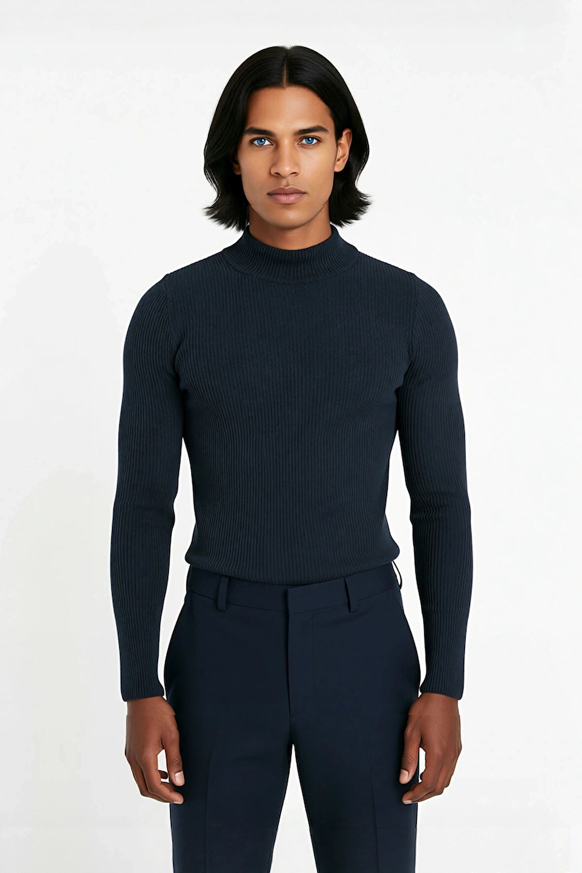 Erkek Dik Yaka Uzun Kol Fitilli Dar Kalıp Triko Kazak Kış Sezonu İçin Modern ve Konforlu Stil