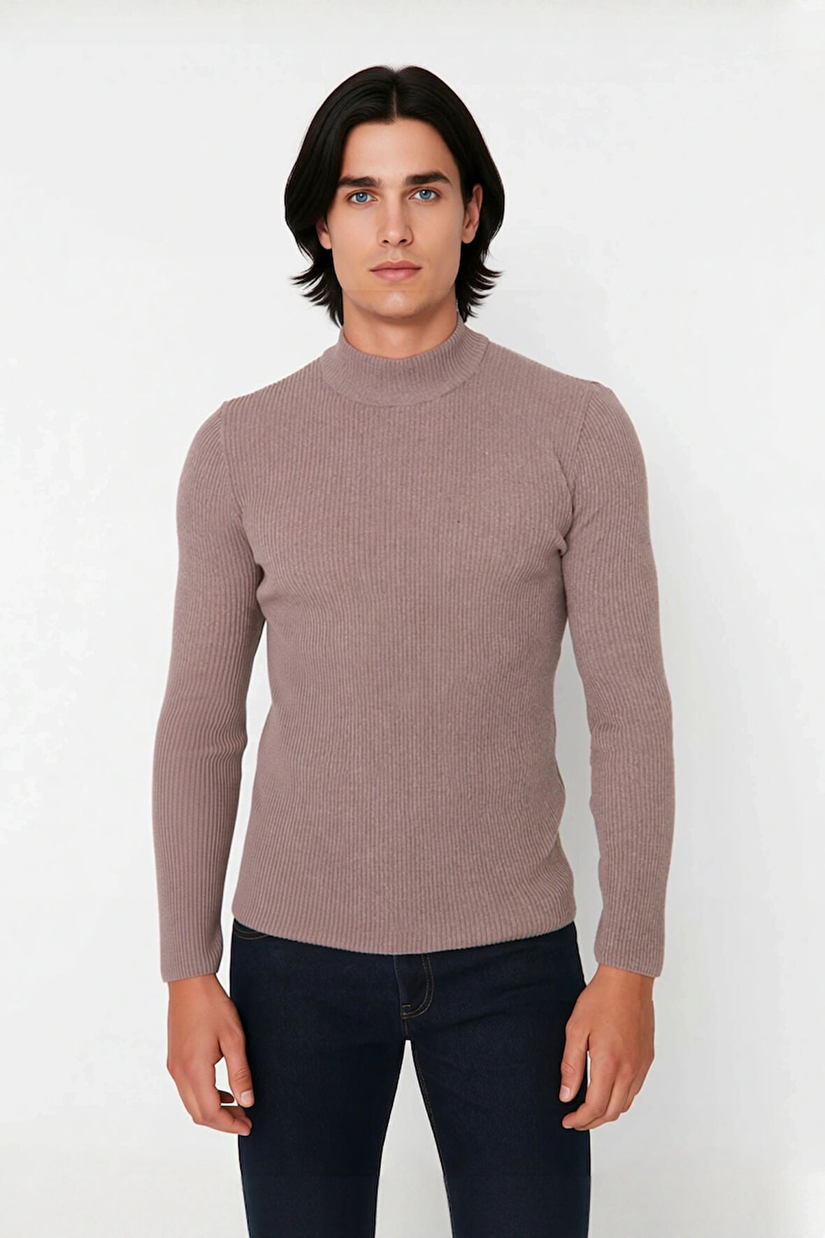 Erkek Dik Yaka Uzun Kol Fitilli Dar Kalıp Triko Kazak Kış Sezonu İçin Modern ve Konforlu Stil