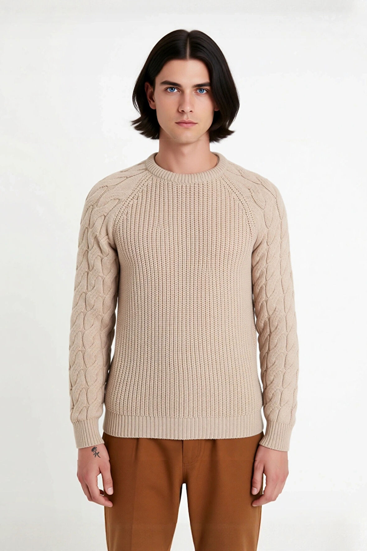 Erkek Regular Fit Bisiklet Yaka Saç Örgü Detaylı Triko Kazak Soğuk Günler İçin Rahatlık Sunar