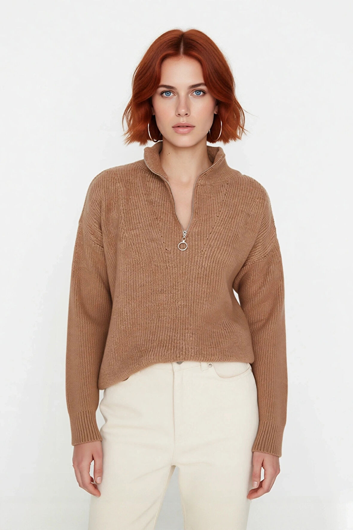 Kadın Oversize Basic Dokulu Uzun Kollu Fermuarlı Dik Yaka Selanik Örgü Triko Kazak Kaliteli