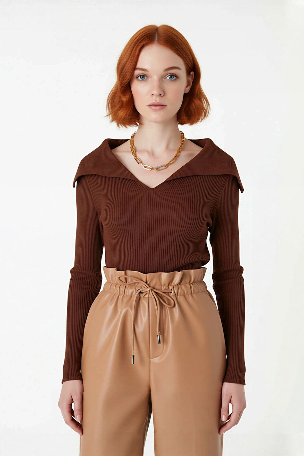 Kadın Şık Devrik Yaka Fitilli Triko Üst Fitted Kesim Uzun Kol Crop Model İlkbahar Sonbahar