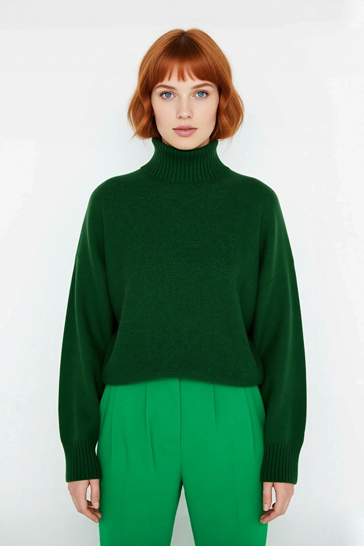 Kadın Oversize Dik Yaka Düz Triko Kazak Uzun Boylu ve Düşük Kollu Kışlık Rahat Günlük Giyim