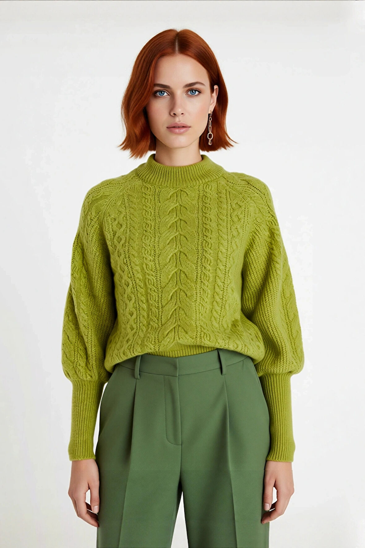 Kadınlara Özel Regular Kesim Saç Örgü Detaylı Triko Kazak Dik Yaka Balon Kol Kışlık Giyim Kaliteli