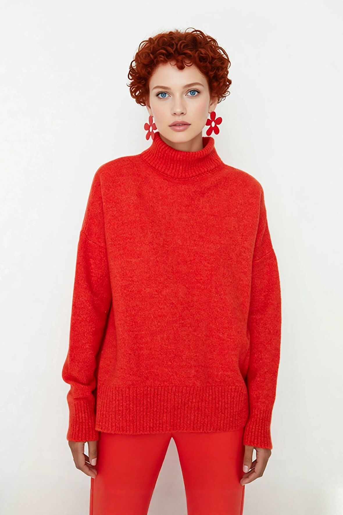 Kadın Basic Oversize Dik Yaka Triko Kazak Düşük Kol Uzun Boy Kışlık Günlük Şıklık Sunar Kaliteli