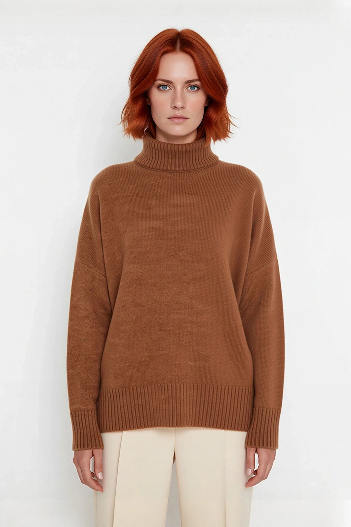 Kadın Basic Oversize Dik Yaka Triko Kazak Düşük Kol Uzun Boy Kışlık Günlük Şıklık Sunar Kaliteli