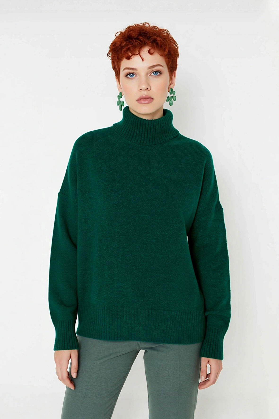 Kadın Basic Oversize Dik Yaka Triko Kazak Düşük Kol Uzun Boy Kışlık Günlük Şıklık Sunar Kaliteli