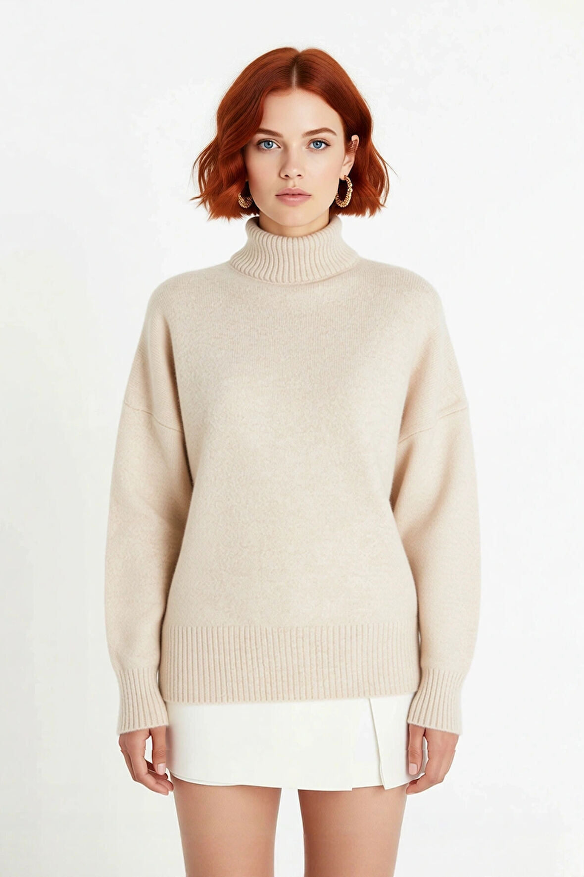 Kadın Basic Oversize Dik Yaka Triko Kazak Düşük Kol Uzun Boy Kışlık Günlük Şıklık Sunar Kaliteli