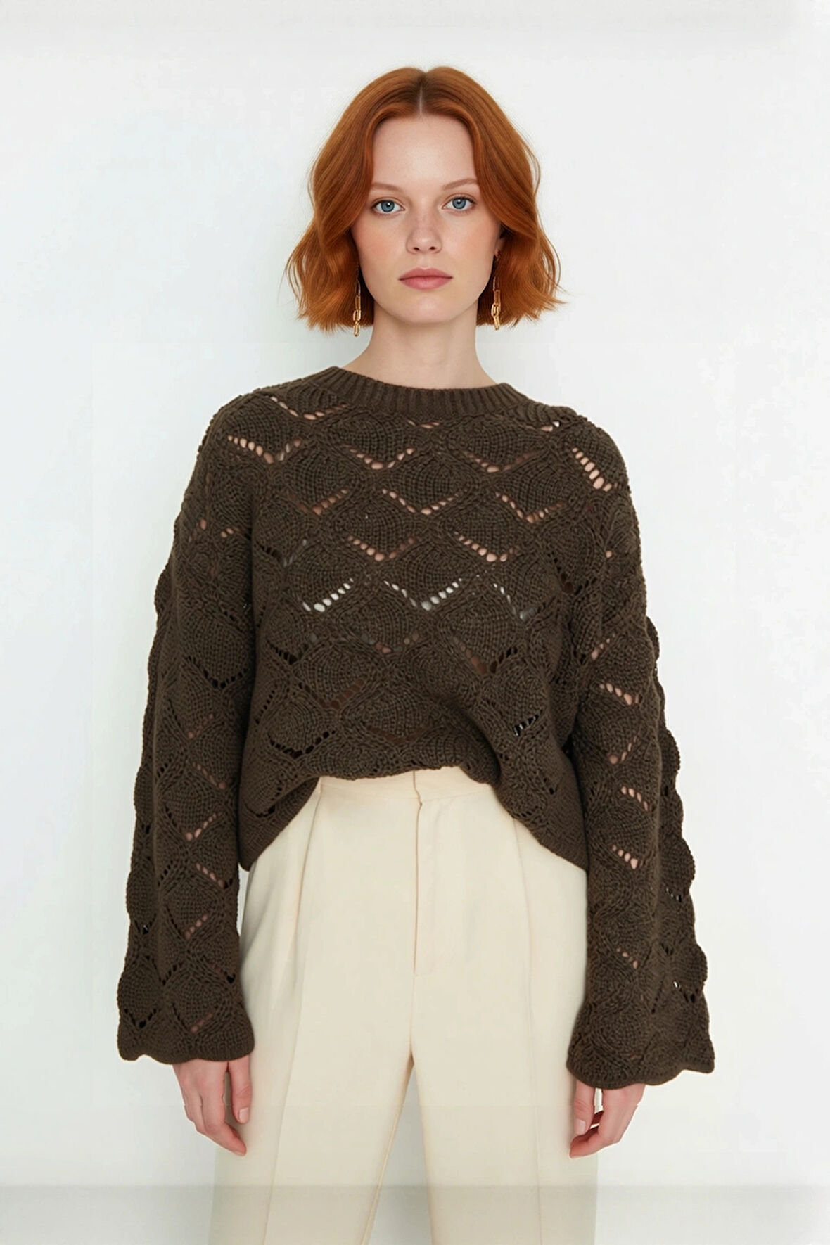 Şık Kadın Oversize Ajurlu Bisiklet Yaka Uzun Kol Triko Kazak Soğuk Havalarda Konfor Sunar Kaliteli