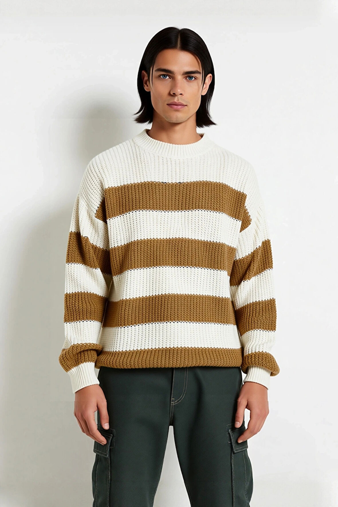 Erkek Basic Koleksiyon Uzun Kollu Rahat Çizgili Bisiklet Yaka Akrilik Oversize Triko Kazak