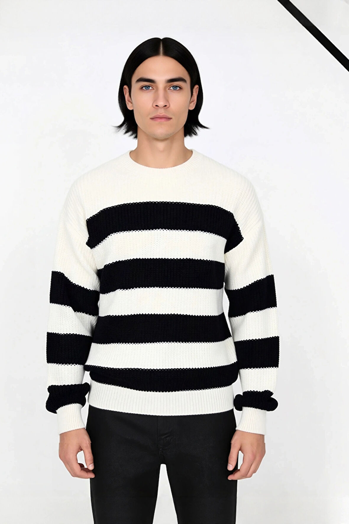 Erkek Basic Koleksiyon Uzun Kollu Rahat Çizgili Bisiklet Yaka Akrilik Oversize Triko Kazak