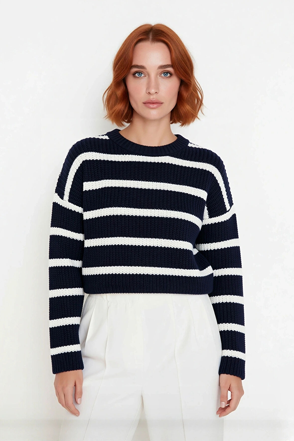 Kadınlara Özel Basic Çizgili Oversize Triko Kazak Bisiklet Yaka Uzun Düşük Kol Kış Şıklığı