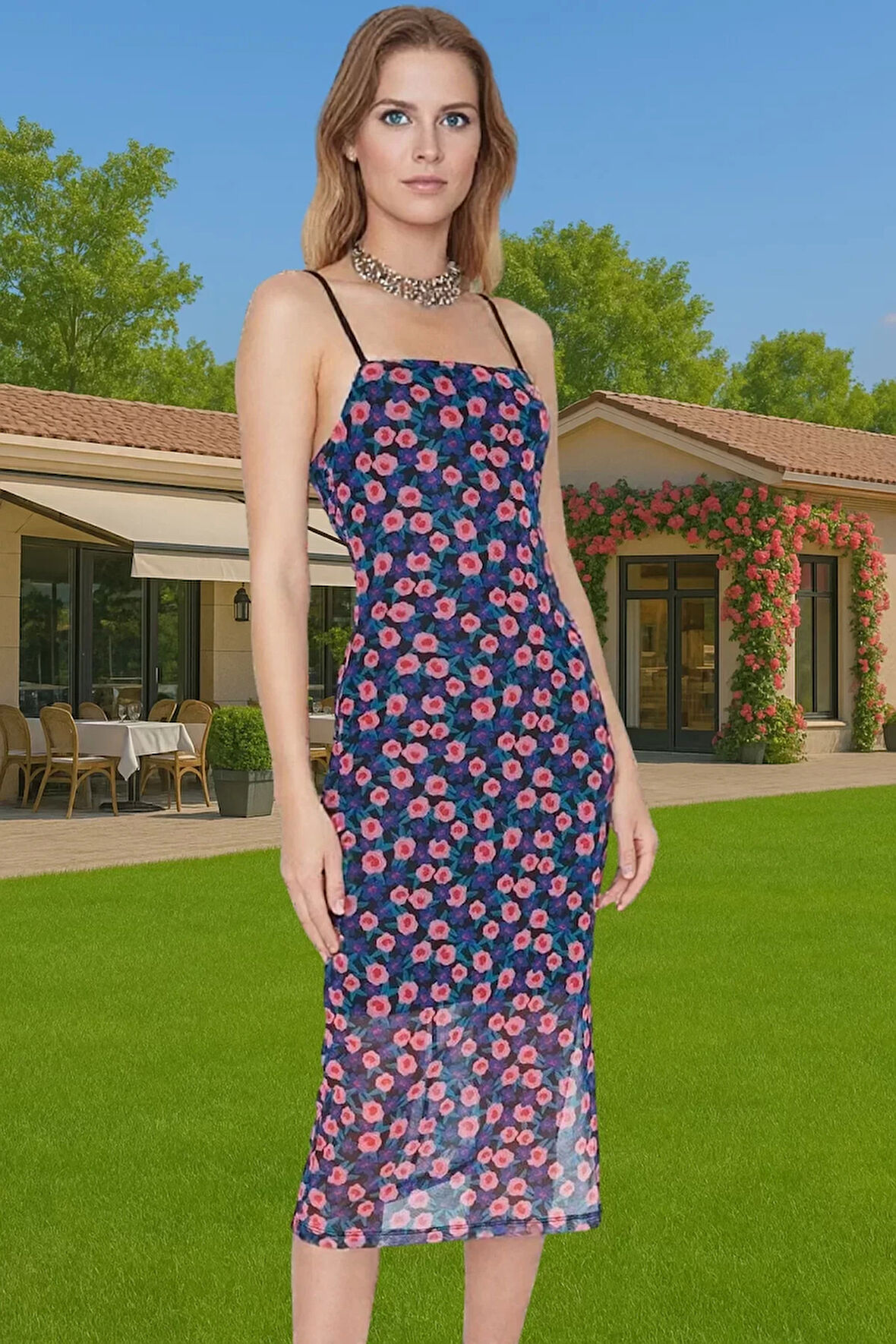 Esnek Bodycon Midi Elbise Kare Yaka Tül Kumaş Yazlık Kaliteli İşçilik Yüksek Kalite Premium Kalite