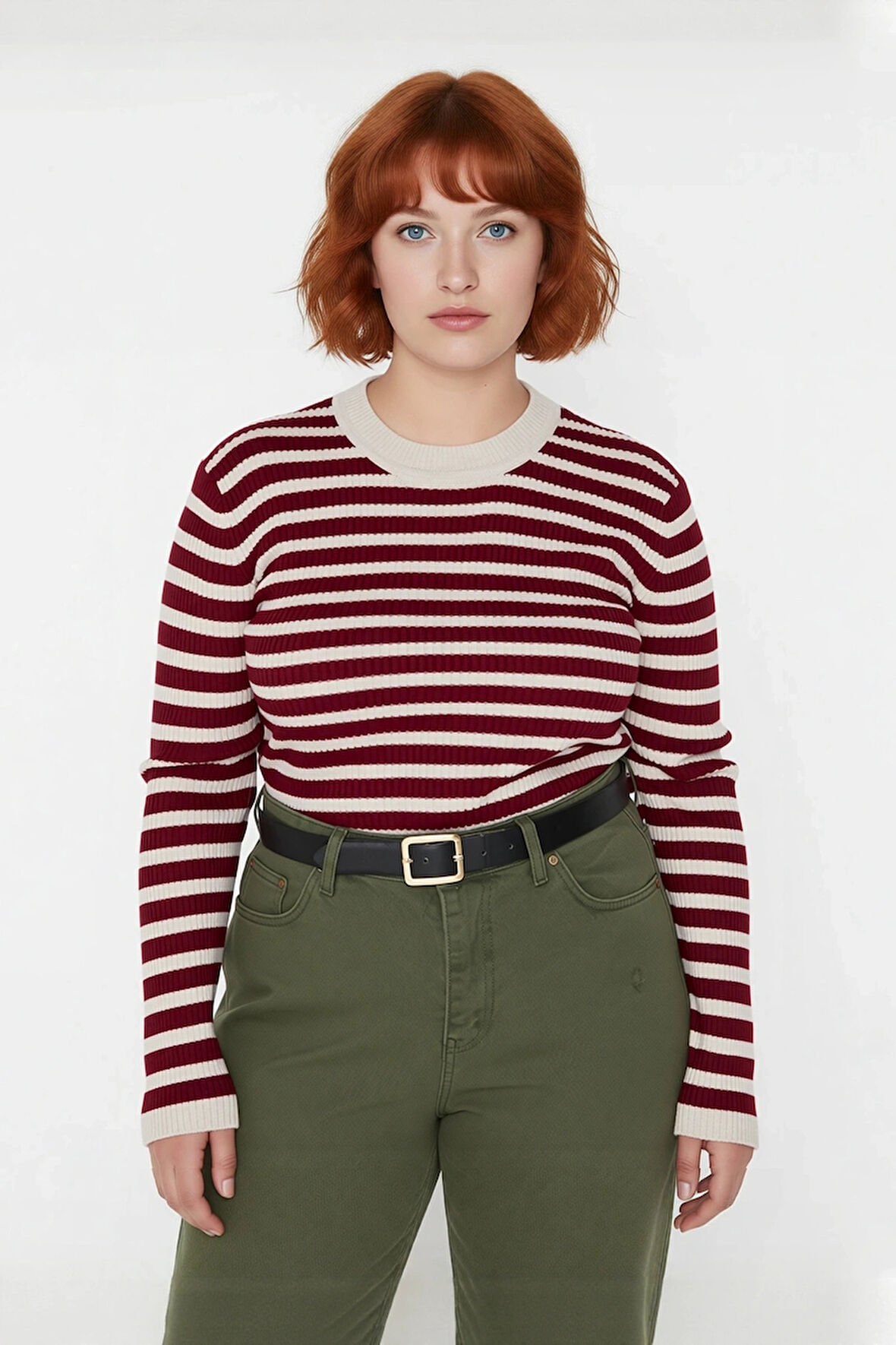 Kadın Çizgili Fitilli Triko Kazak İnce Yapısı İle Kış Aylarında Modern Bir Görünüm Sağlar Kaliteli