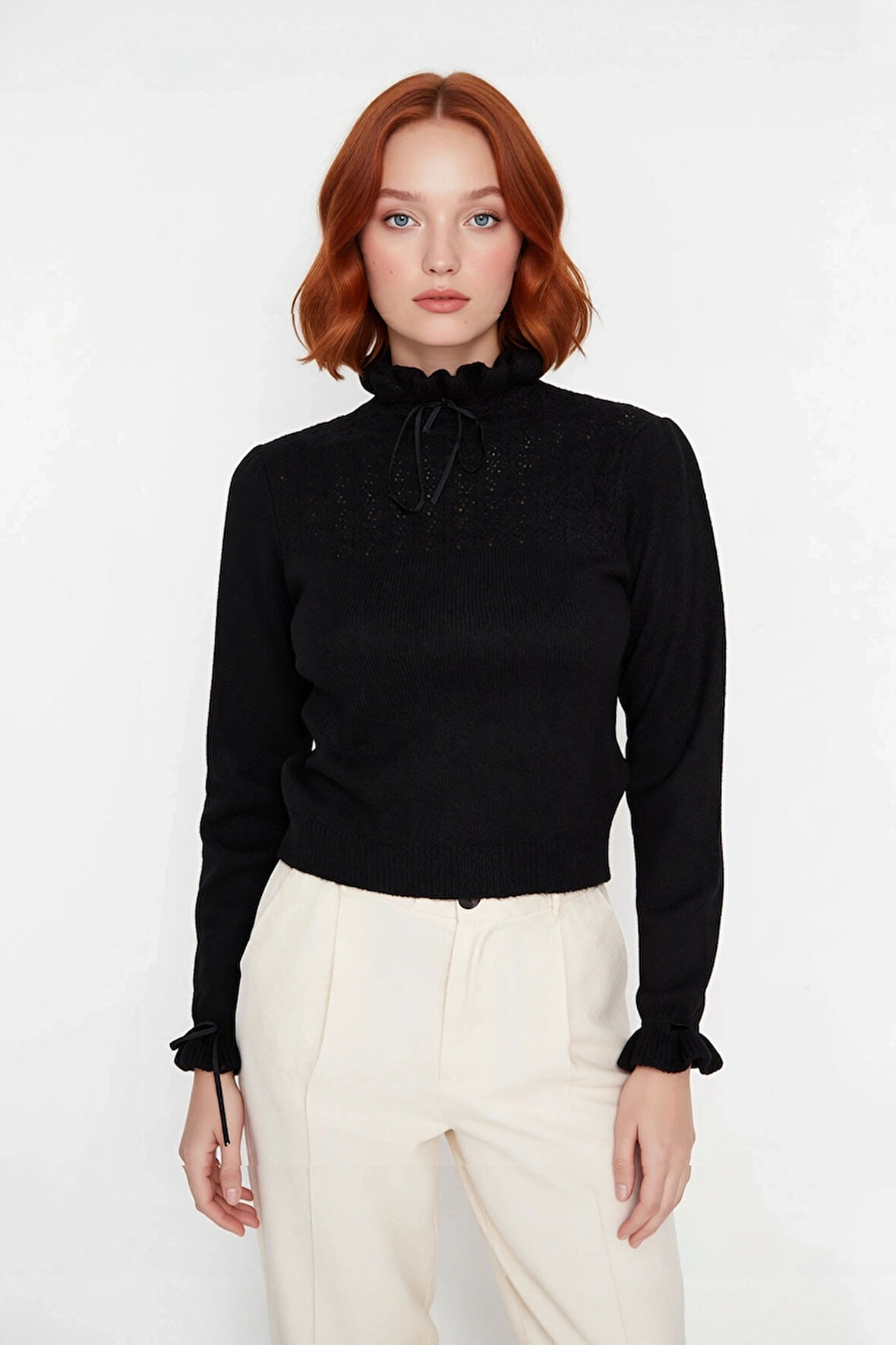 Kadın Uzun Kollu Regular Kesim Dik Yaka Ajur Desenli Bağcıklı Triko Kazak Kışlık Basic Stil