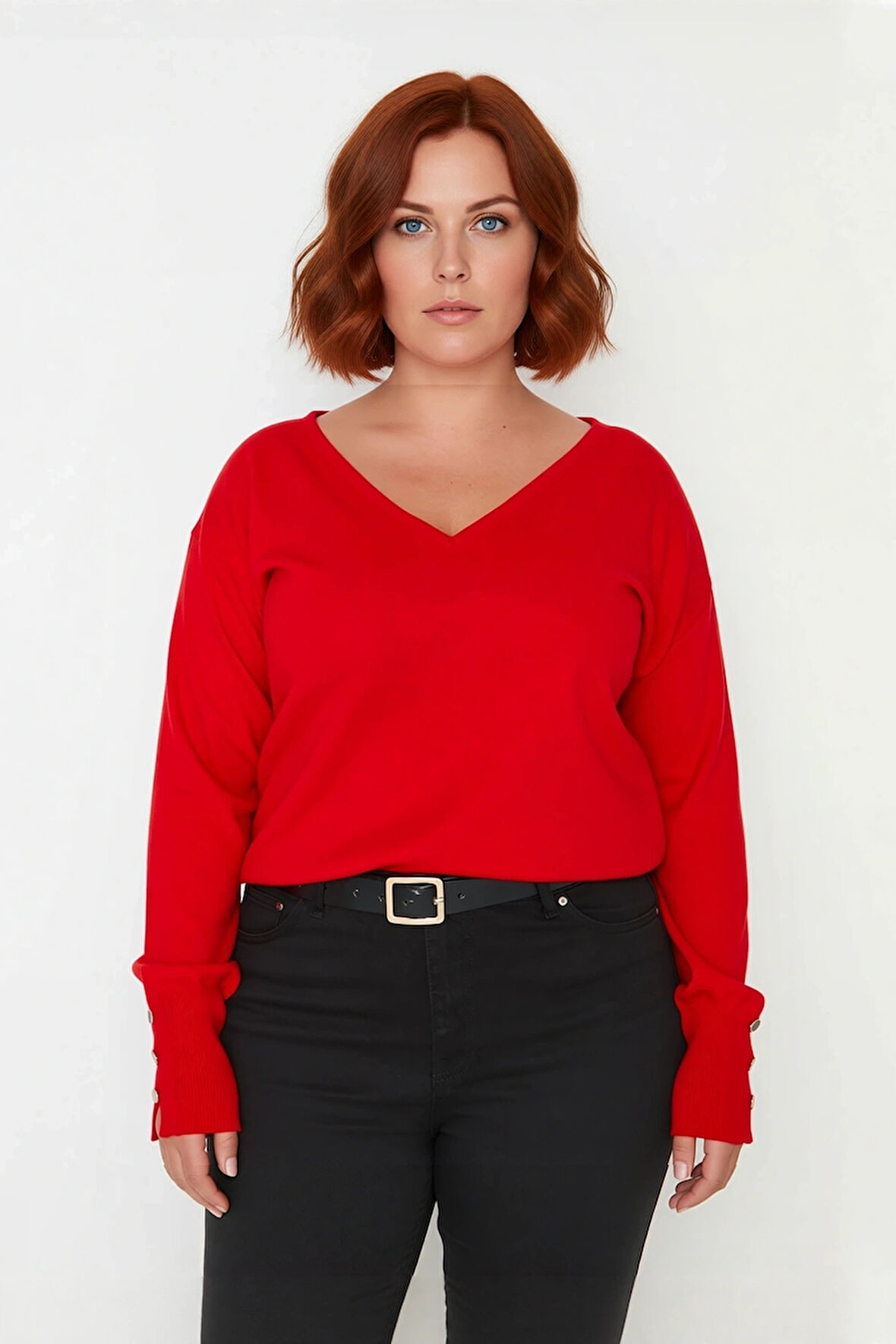 Kadın Düz Desen Regular Kalıp Triko V Yaka Kazak Uzun Kollu Ve Şık Düğme Detayları İle Kaliteli