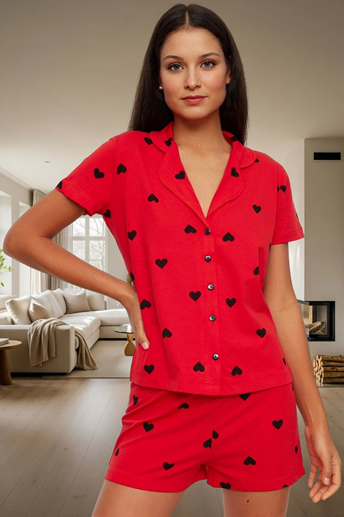 Kısa Kollu Pamuklu Pijama Takımı Kalpli Desenli Regular Kalıp Yazlık Ev Giyim Özenle Seçilmiş
