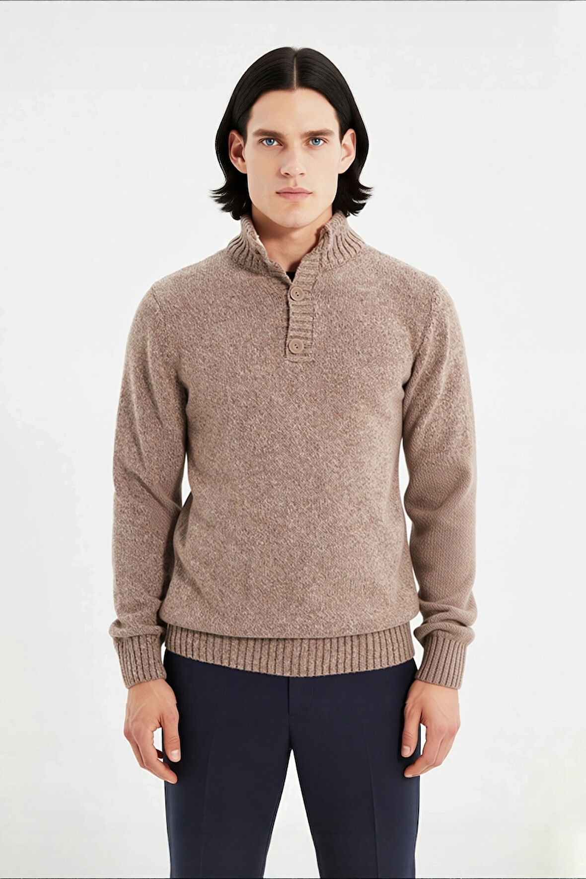 Erkek Modern Düğmeli Dik Yaka Fitted Kalıp Triko Kazak Soğuk Kış Günleri İçin İdeal Şık Seçim