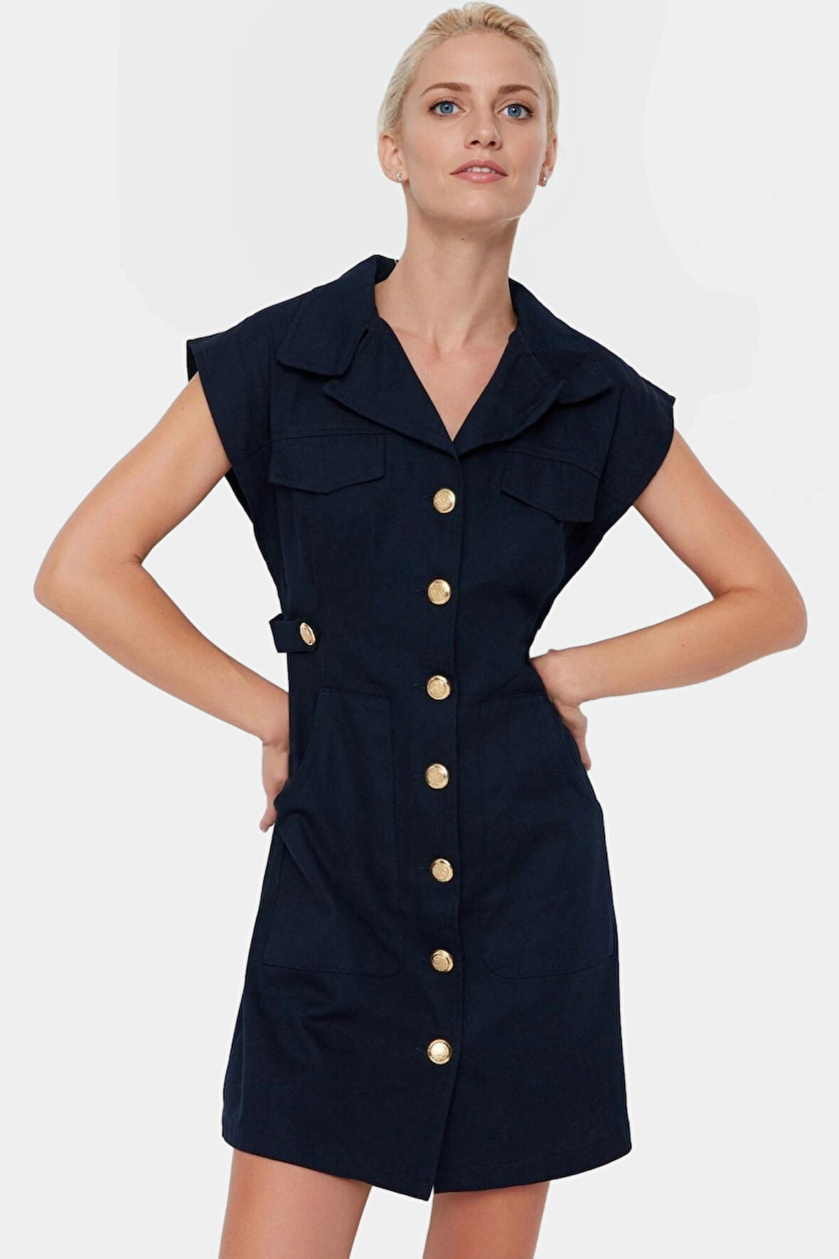 Dokuma Gabardin Mini Elbise Kisa Kol Düğmeli %Pamuk Yazlık Dayanıklı Malzeme