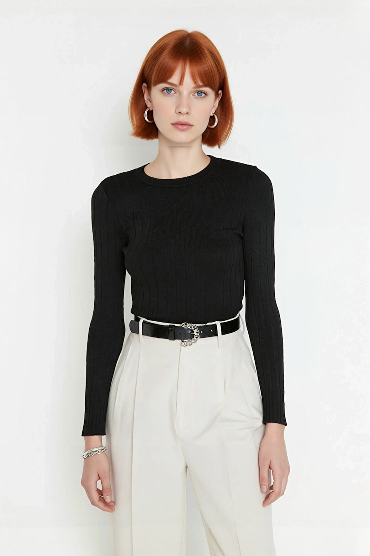 Kadın Basic Fitted Bisiklet Yaka Uzun Kollu Triko Kazak İlkbahar Sonbahar Günlük Stilin Anahtarı