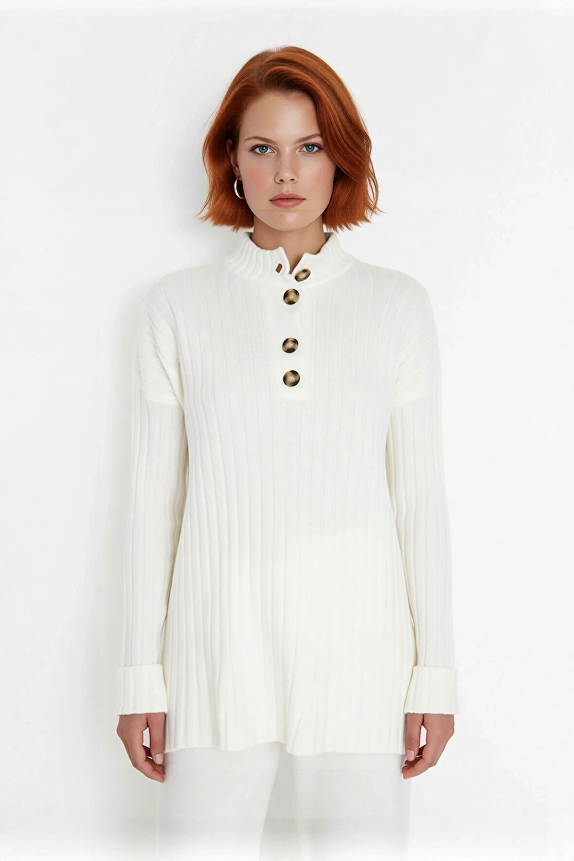 Kadın Casual Ekru Yarım Patlı Düşük Kol Fitilli Triko Kazak Soğuk Havaların Favorisi Kaliteli