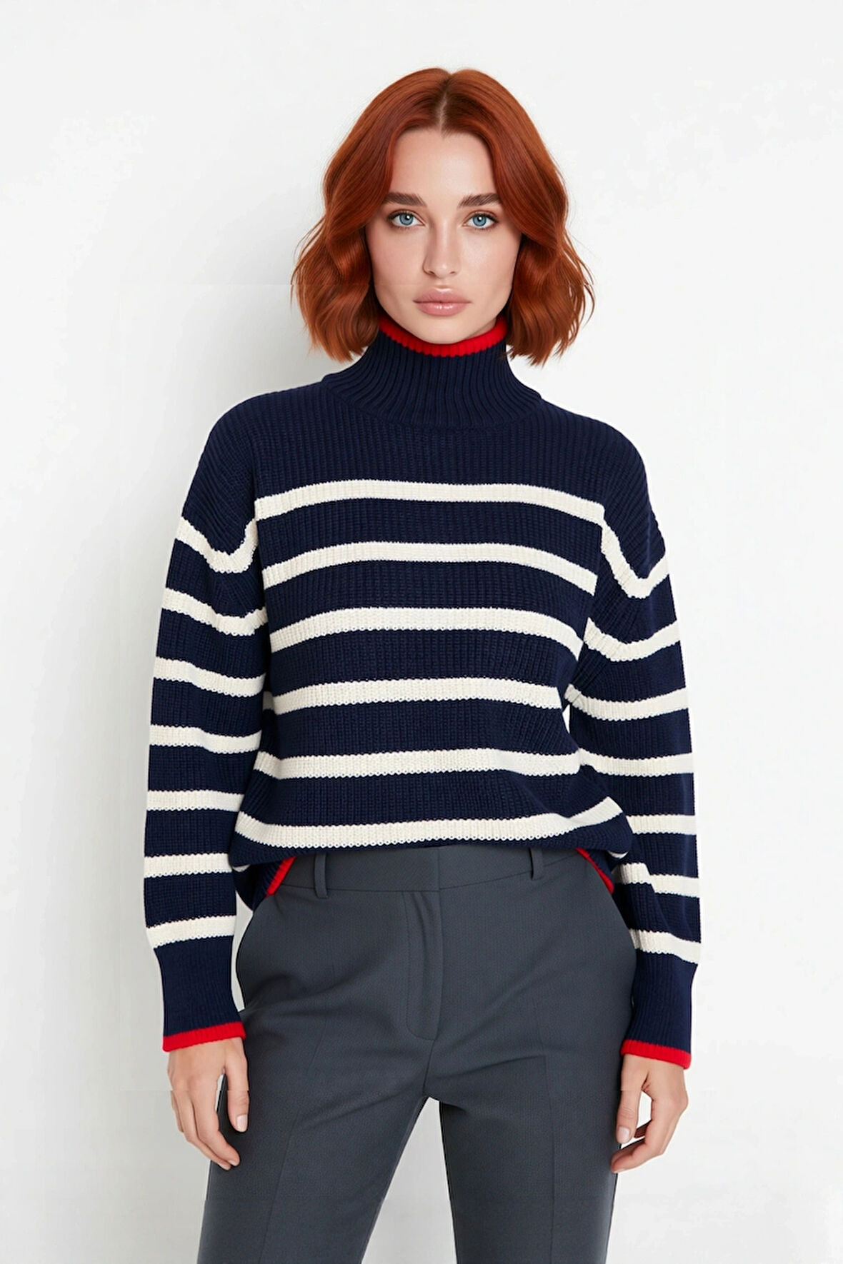 Modern Kadın Dik Yaka Triko Kazak Oversize Kesim Çizgili Desenli Uzun Kol Rahat Şıklık Kaliteli