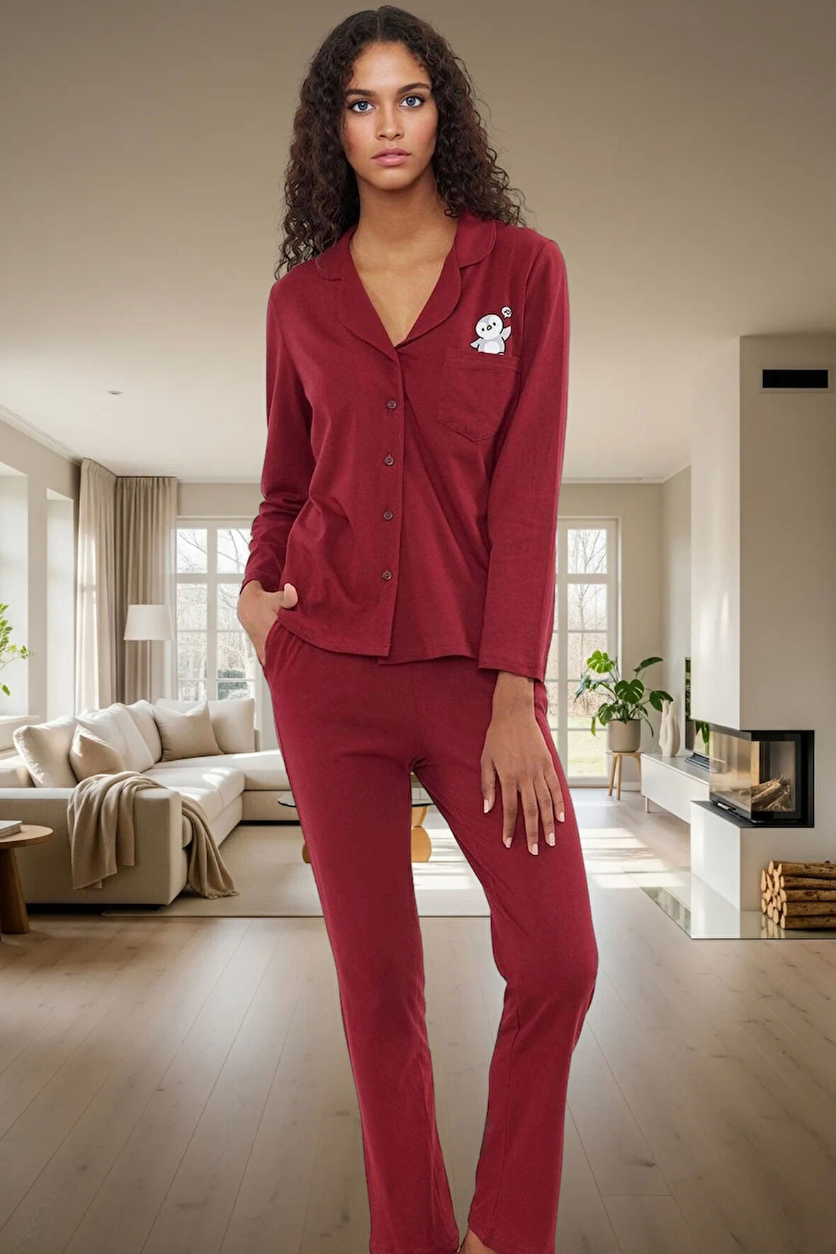 Rahat ve Şık %100 Pamuklu Pijama Takımı Penguen Desenli Görünüm Günlük Kullanım İçin