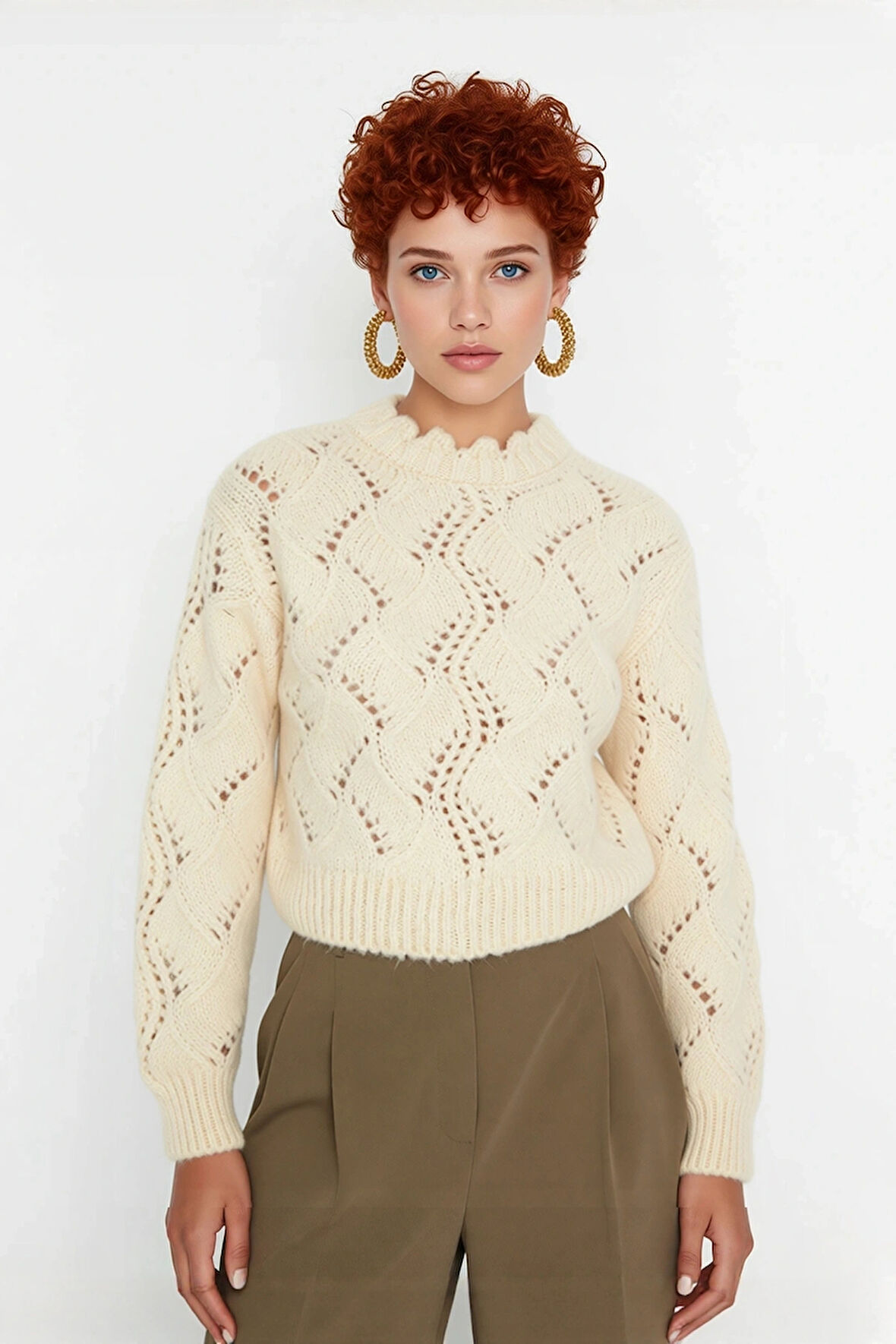 Kadın Ekru Ajurlu Dik Yaka Uzun Kollu Regular Kalıp Süper Crop Triko Kazak İlkbahar Sonbahar Şıklığı