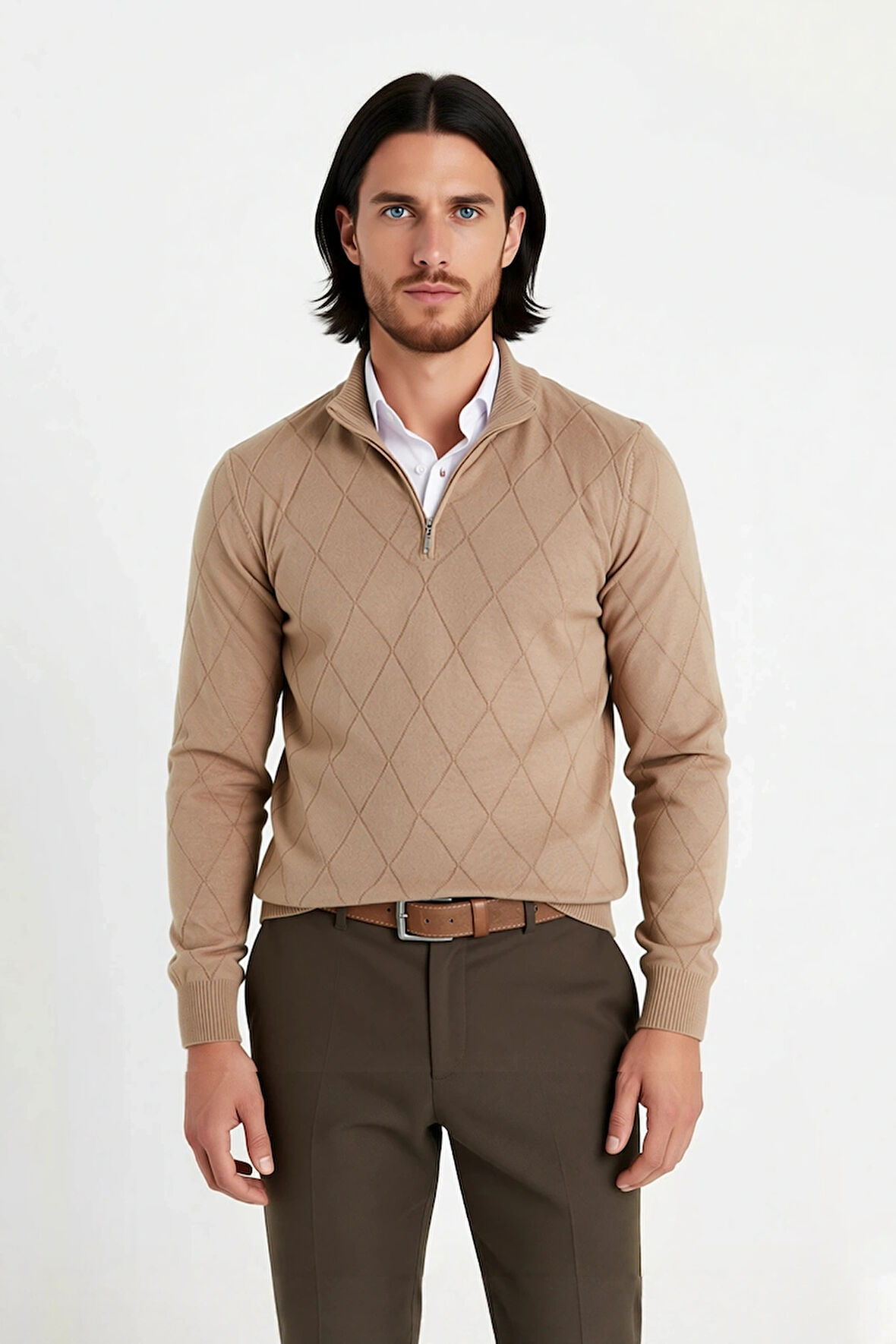 Modern Erkek Regular Kalıp Pamuklu Triko Yarım Balıkçı Fermuarlı Baklava Desenli Kazak Stili