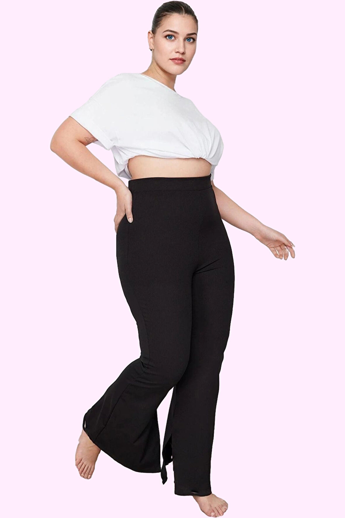 Kadın Flare Pantolon Yüksek Bel Regular Boy Örme Kumaş Günlük Şıklık Yaz Aylarının Vazgeçilmezi