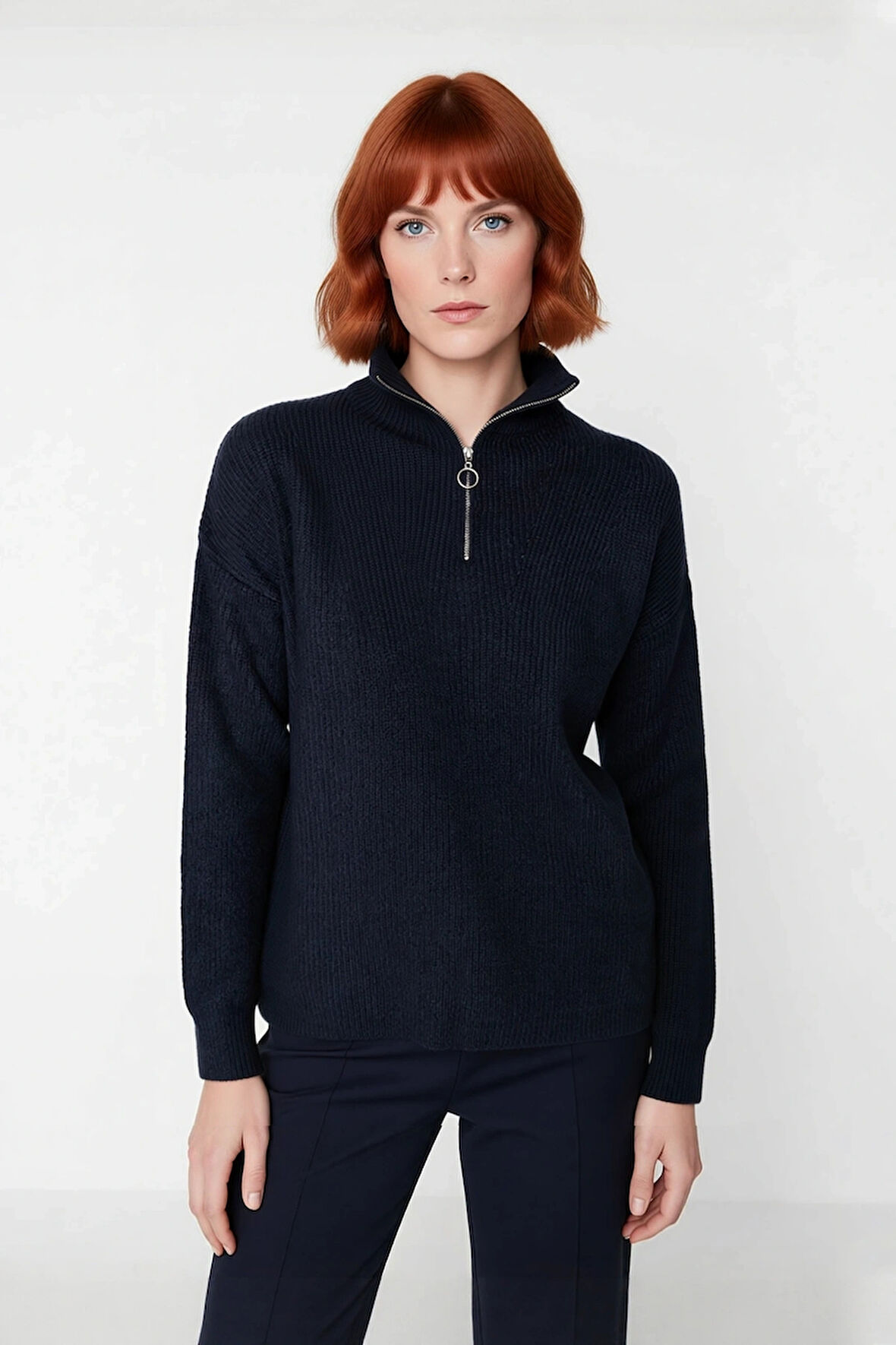 Kadın Oversize Basic Dokulu Uzun Kollu Fermuarlı Dik Yaka Selanik Örgü Triko Kazak Kaliteli