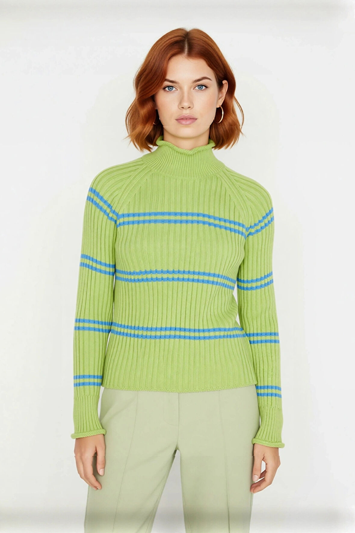 Kadın Uzun Kollu Çizgili Dik Yaka Triko Kazak Basic Rahat Kesim Fitilli Dokuma Günlük Şıklık