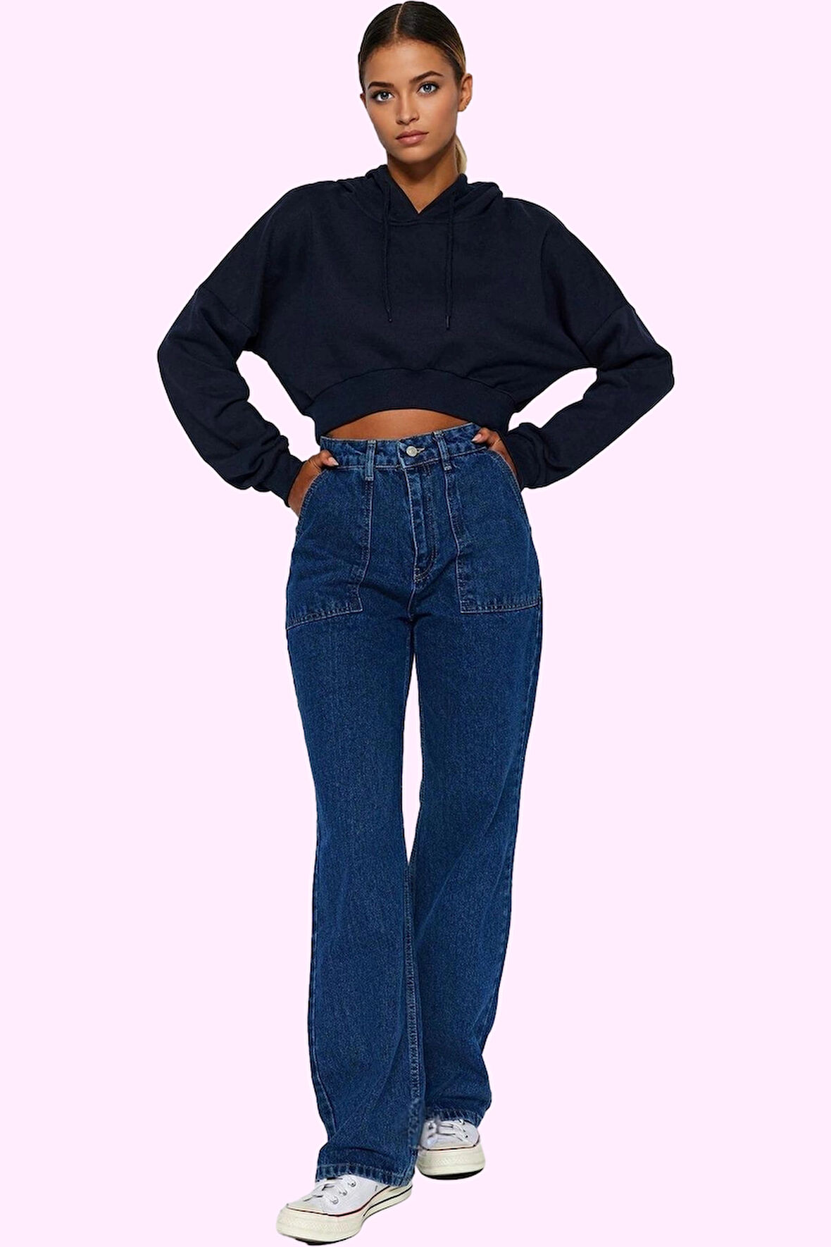 Kadın Pamuk Denim Jean Pantolon Basic Yüksek Bel Geniş Paça Yaz Aylarının Vazgeçilmezi