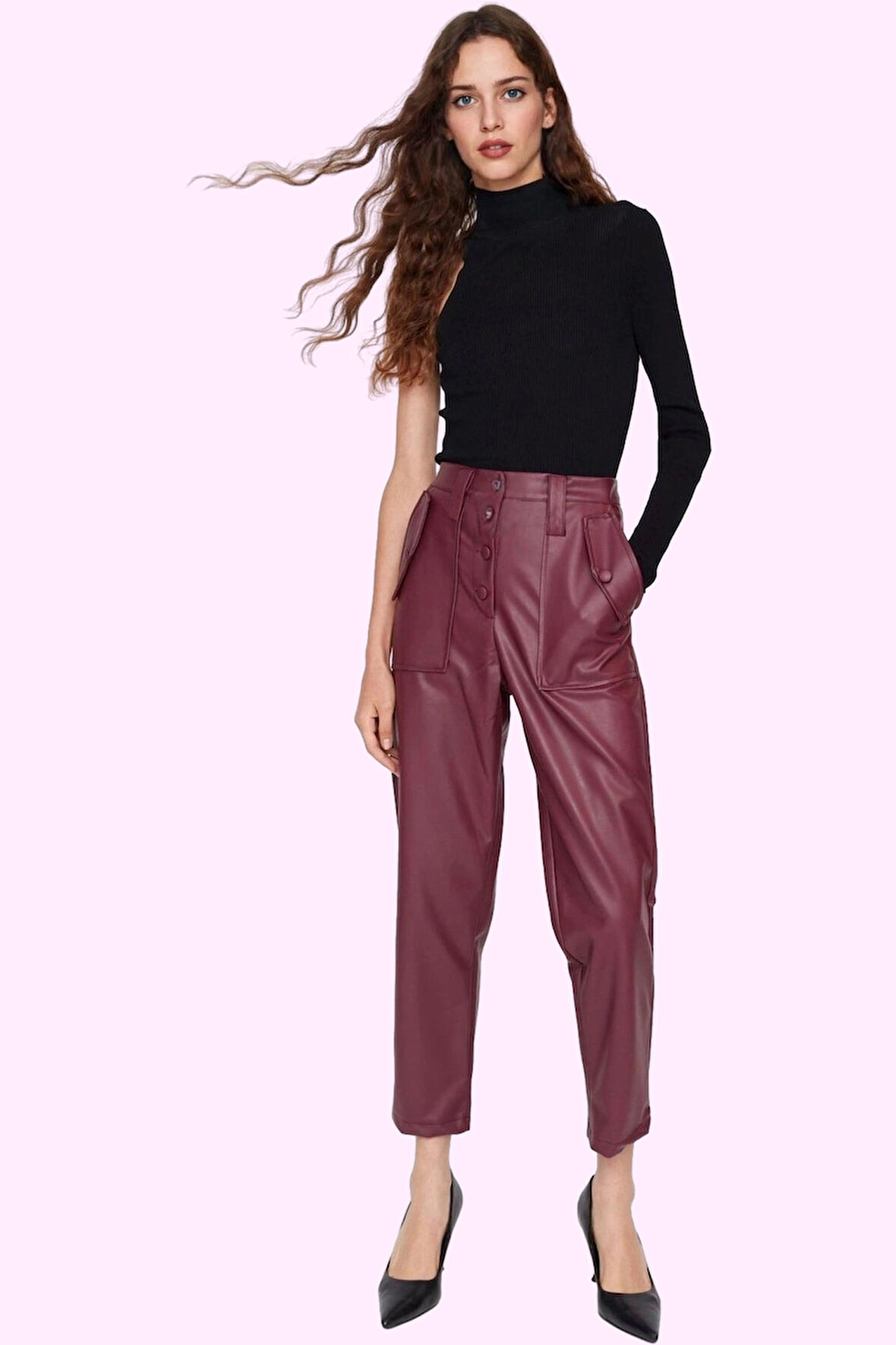 Kadın Normal Bel Dar Paça Suni Deri Pantolon Düğmeli Casual Günlük Stil Yaz Aylarının Vazgeçilmezi