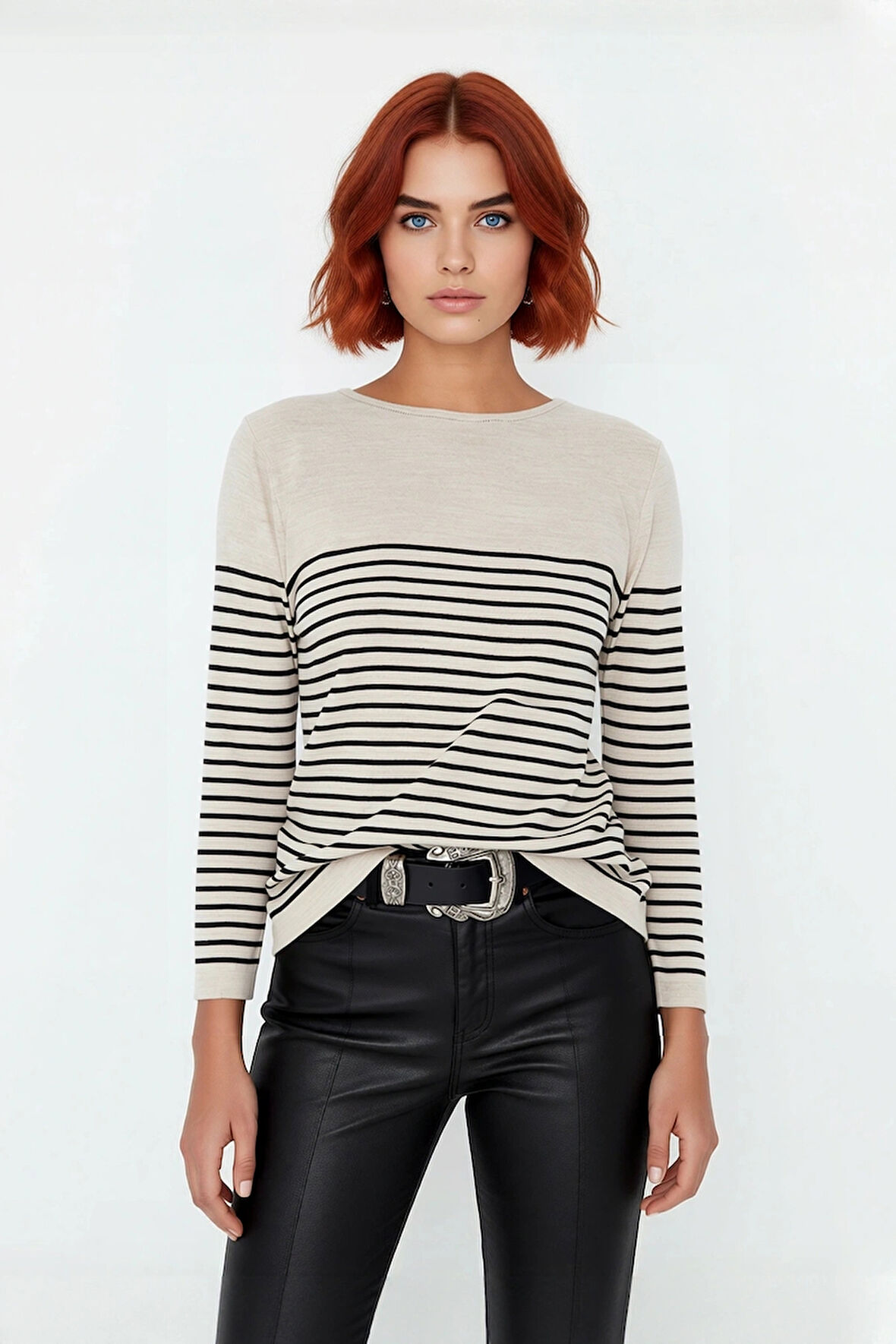 Kadın Basic Regular Kalıp Uzun Kollu Çizgili Bisiklet Yaka Gri Triko Kazak Modeli Kaliteli