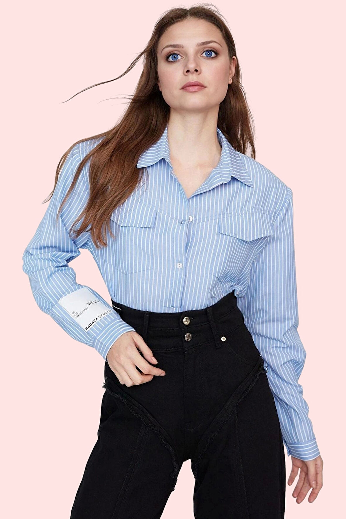 Kadın Oversize Dokuma Pamuklu Polyester Çizgili Gömlek Rahat Günlük Stil Dayanıklı Malzeme